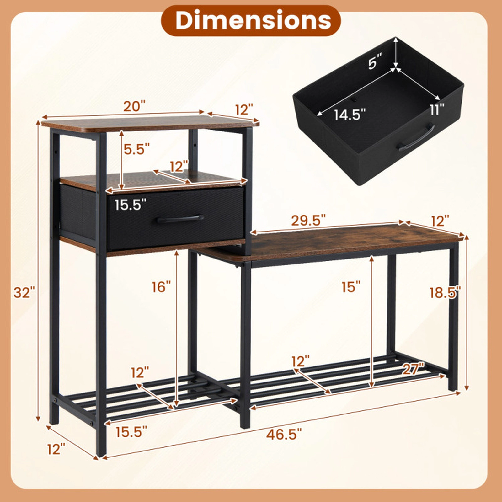 SUGIFT Rustic Brown Fabric Drawer and Industrial Metal Frame 3-Tier 46.5 Inch Shoe Rack Bench