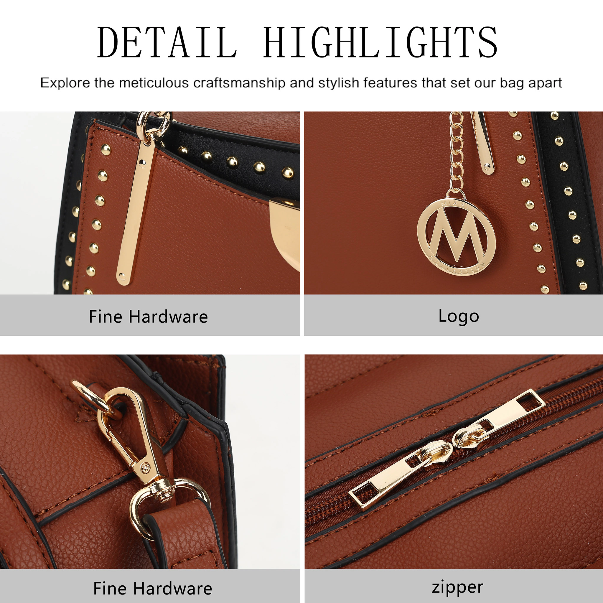 Mia K Collection Aubrey Vegan Leather Satchel - 3-Compartment Handbag with Gold-Tone Hardware