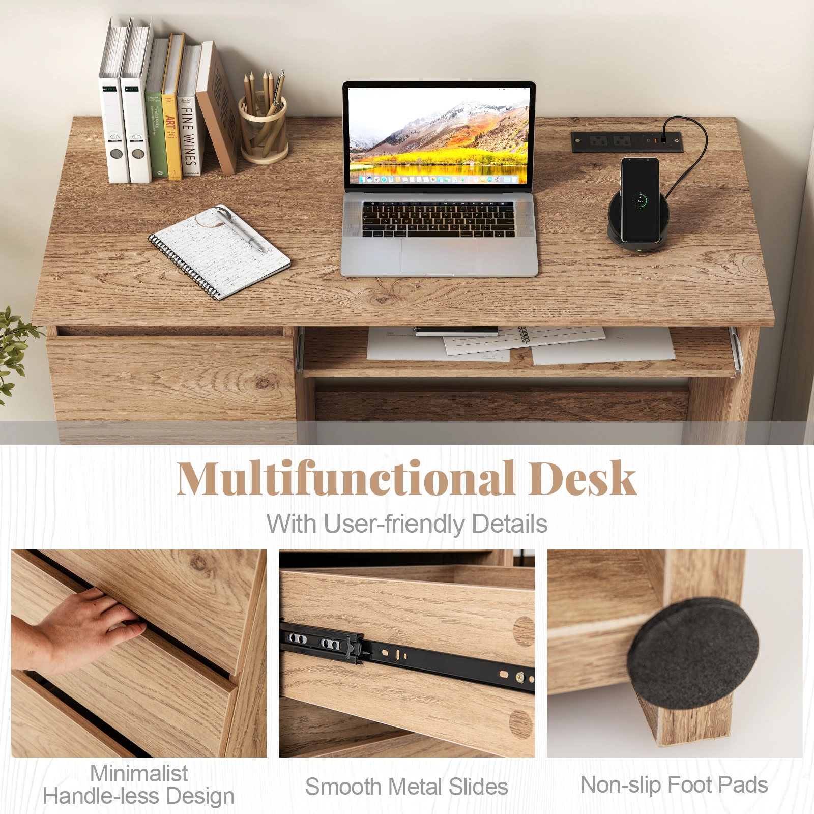 SUGIFT Natural Power Outlet Pull-Out Keyboard Tray and 3 Drawers 42 Inch Computer Desk