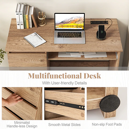 SUGIFT Natural Power Outlet Pull-Out Keyboard Tray and 3 Drawers 42 Inch Computer Desk
