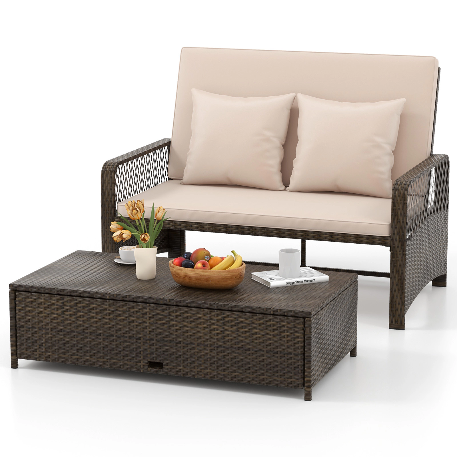 LJG Patio Adjustable Wicker Daybed with 4-Level Backrest and Soft Cushions