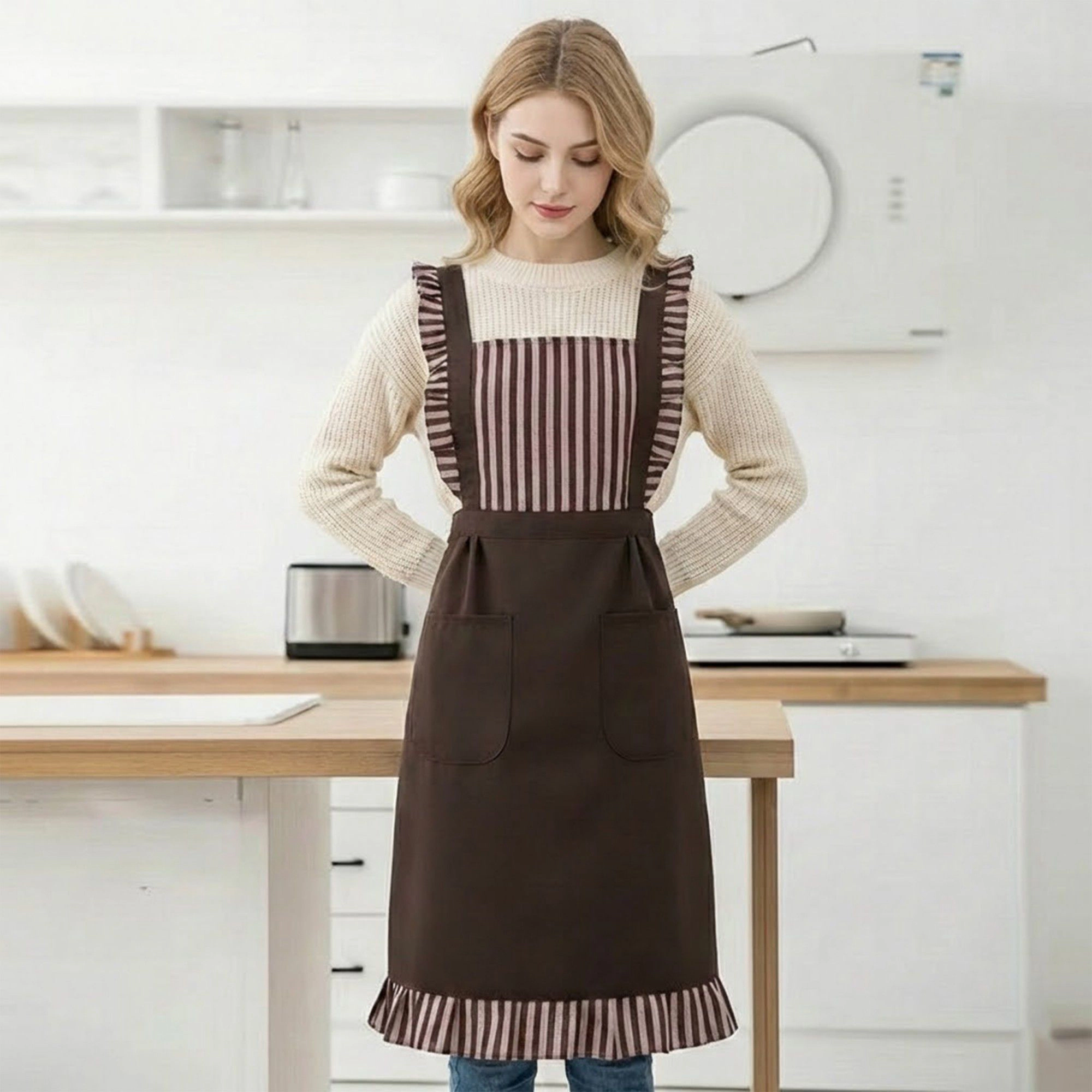Alilang Unisex Striped Full Bib Apron with Ruffle Straps Dual Pockets and Waist Ties