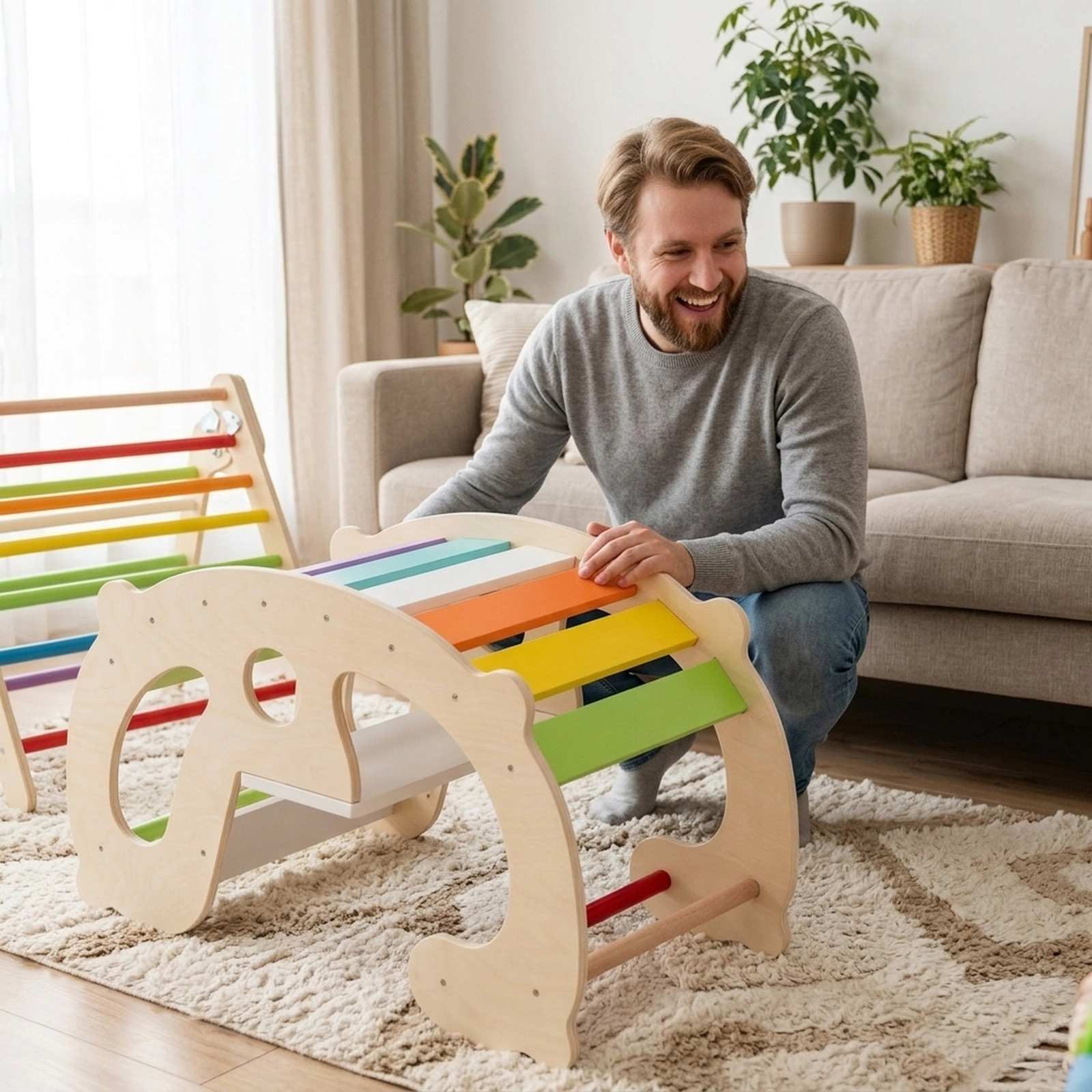 2-in-1 Kids Rocking Horse Arch Climber Wooden Montessori Rocker Angle Limiters 16.5-in Seat 110-lb Capacity Ages 1+