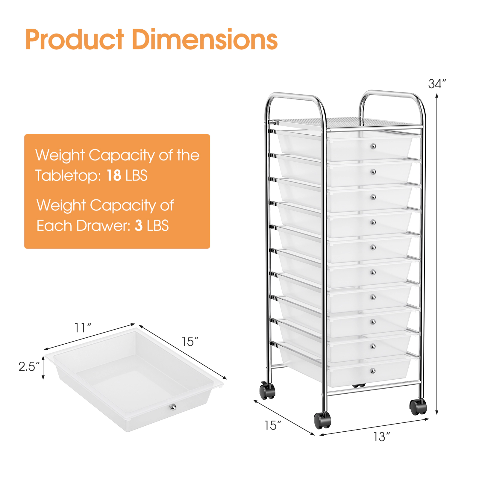 SUGIFT 10-Drawer Rolling Storage Cart Organizer with 3-lb Drawer Capacity Clear