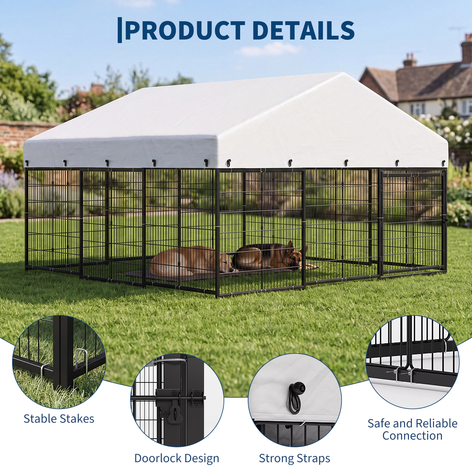 Petony Large Outdoor Dog Enclosure, Heavy Duty Galvanized Steel Cage with Roof & Double Safety Locks
