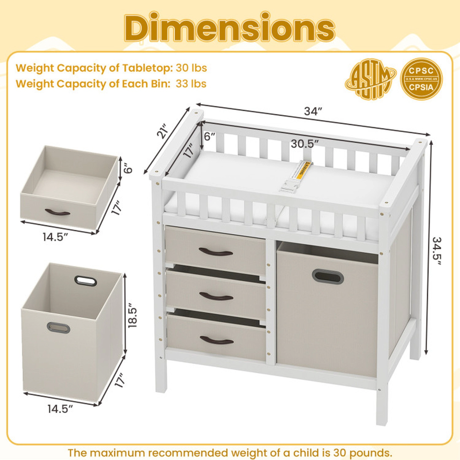 SUGIFT Wooden Baby Changing Table with 3 Fabric Bins and Hamper