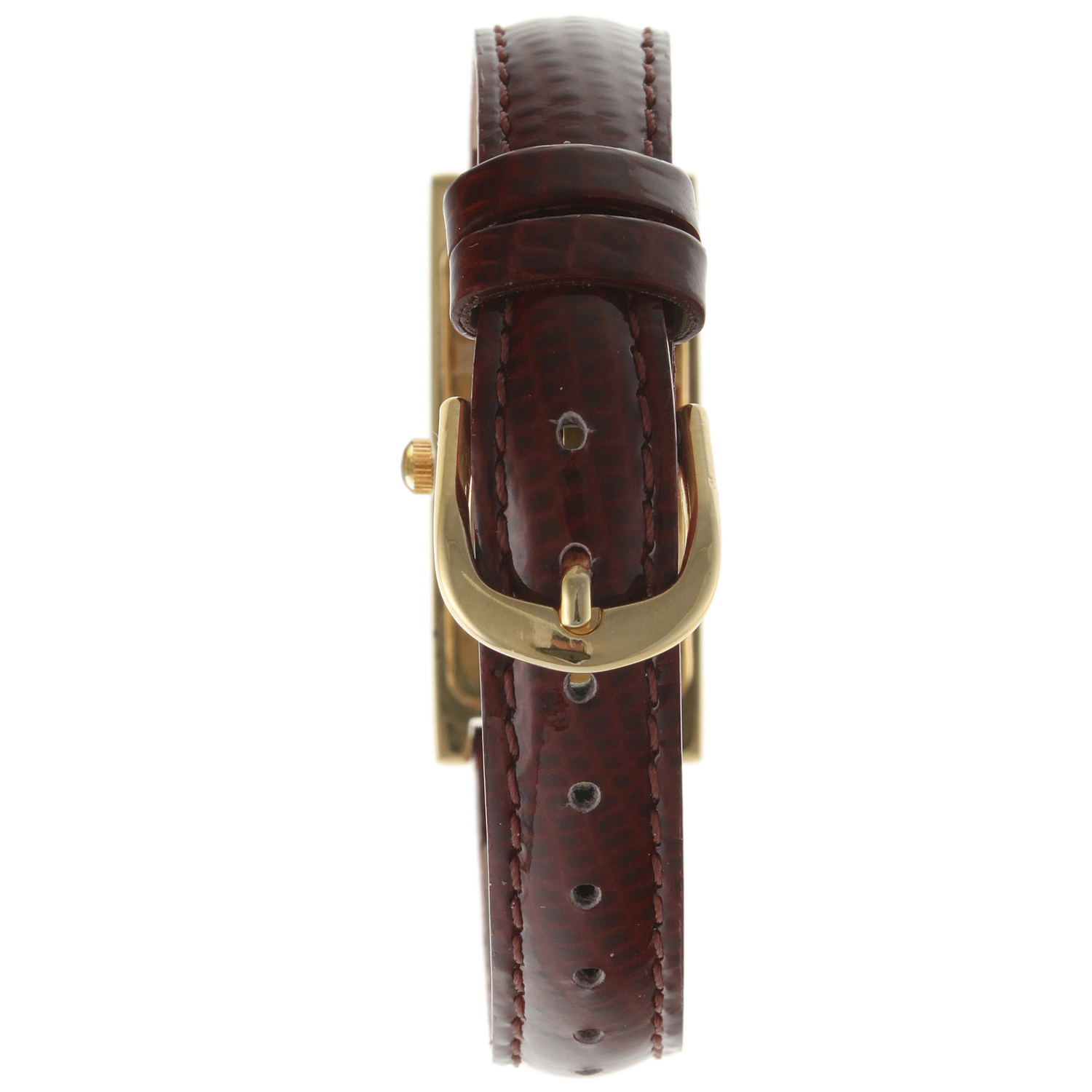 Peugeot Women's Rectangular Gold-Tone Case Watch Glossy Brown Leather Strap