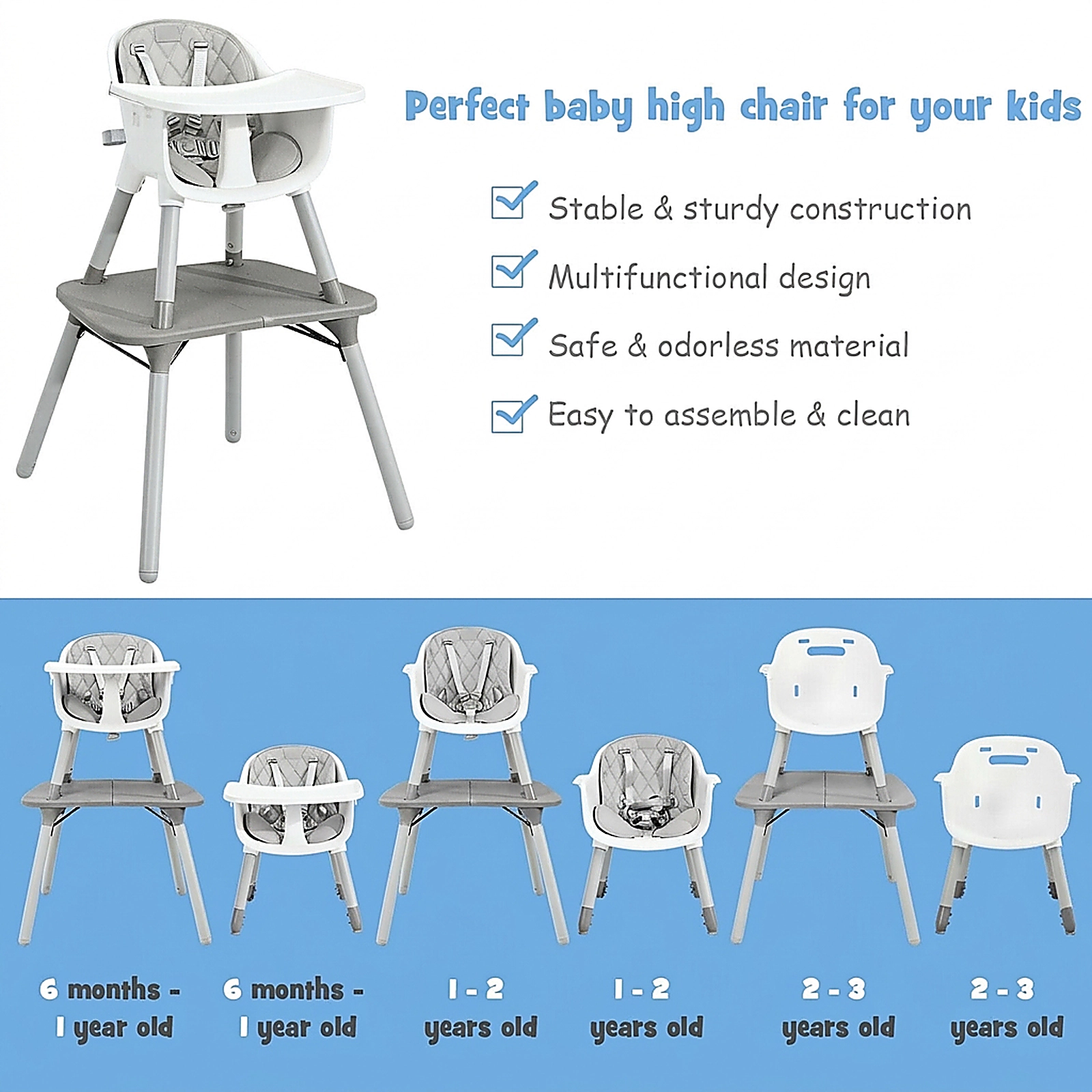 SUGIFT Gray 4-in-1 Convertible Baby High Chair and Toddler Table Set with PU Cushion 37-in Tall 33-lb Seat