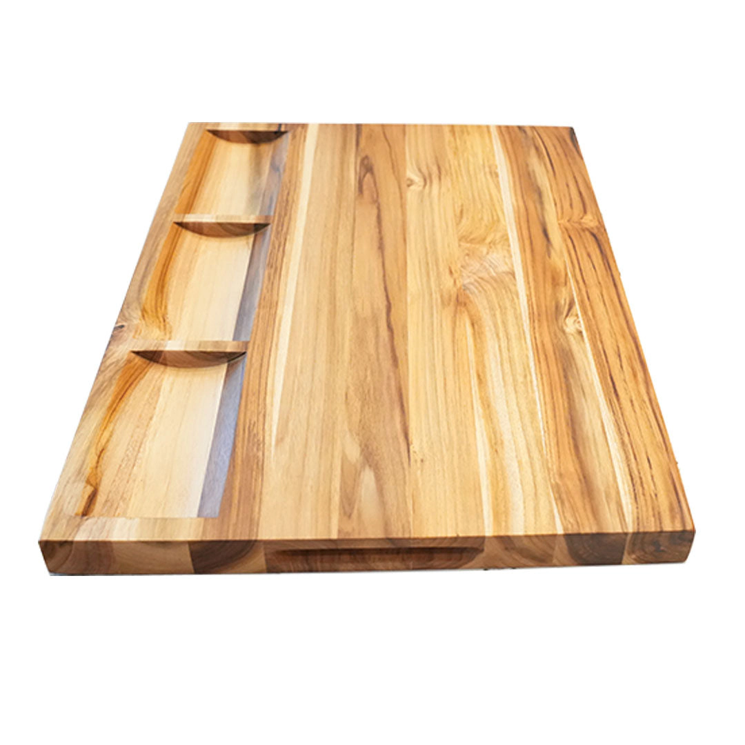 EcoDecors 24" x 18" Teak Cutting Board Natural Edge Grain with Juice Channel and Carved Handles