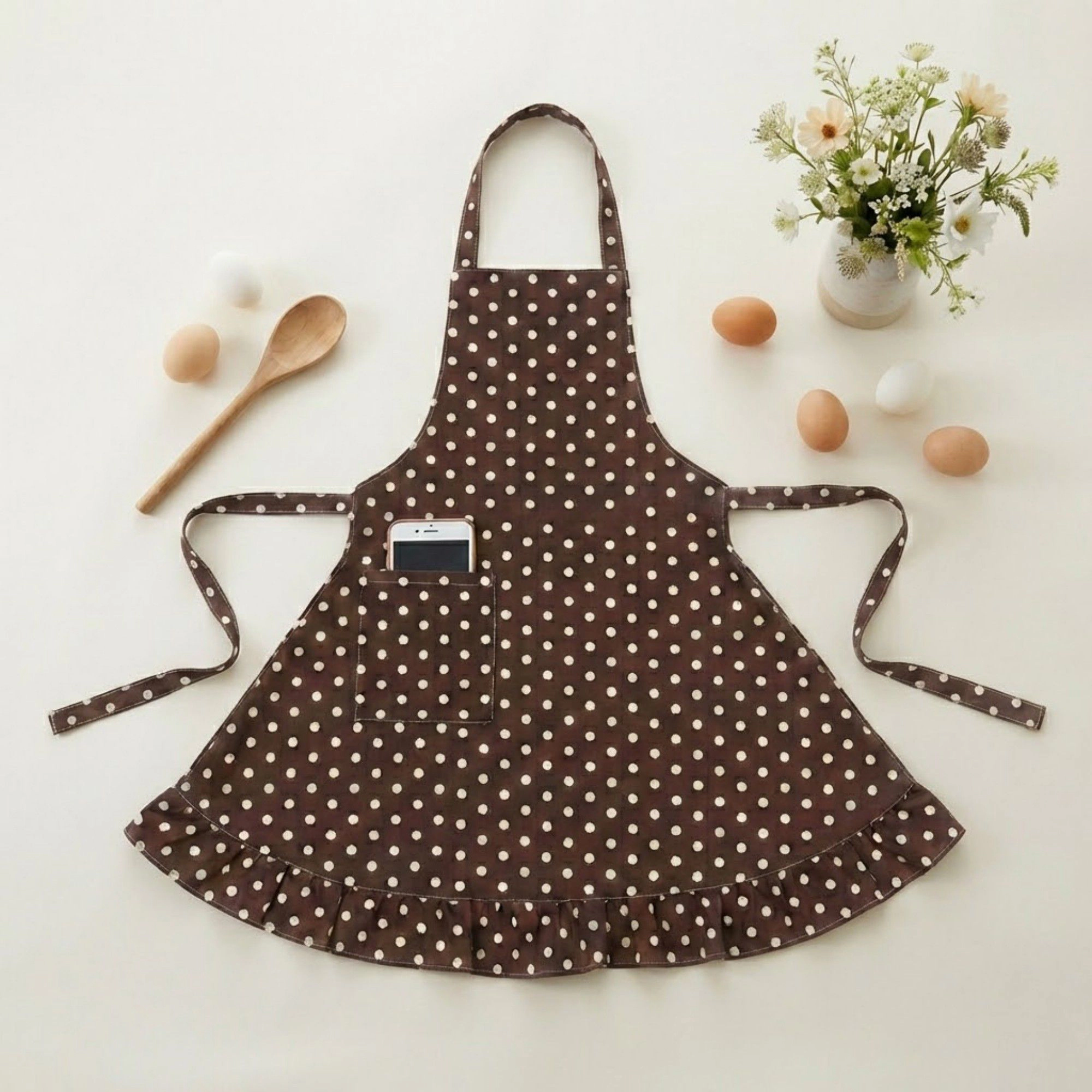 Alilang Women Polka Dot Kitchen Apron with Adjustable Neck Strap Front Pocket and Ruffled Hem