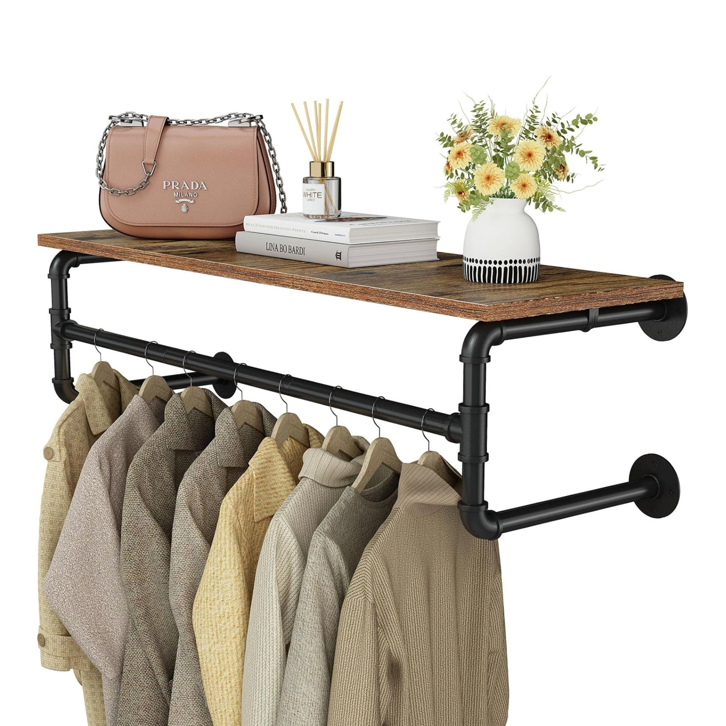 Stock Preferred Industrial Wall Mounted Clothes Rack with Top Shelf Heavy Duty Garment Rod