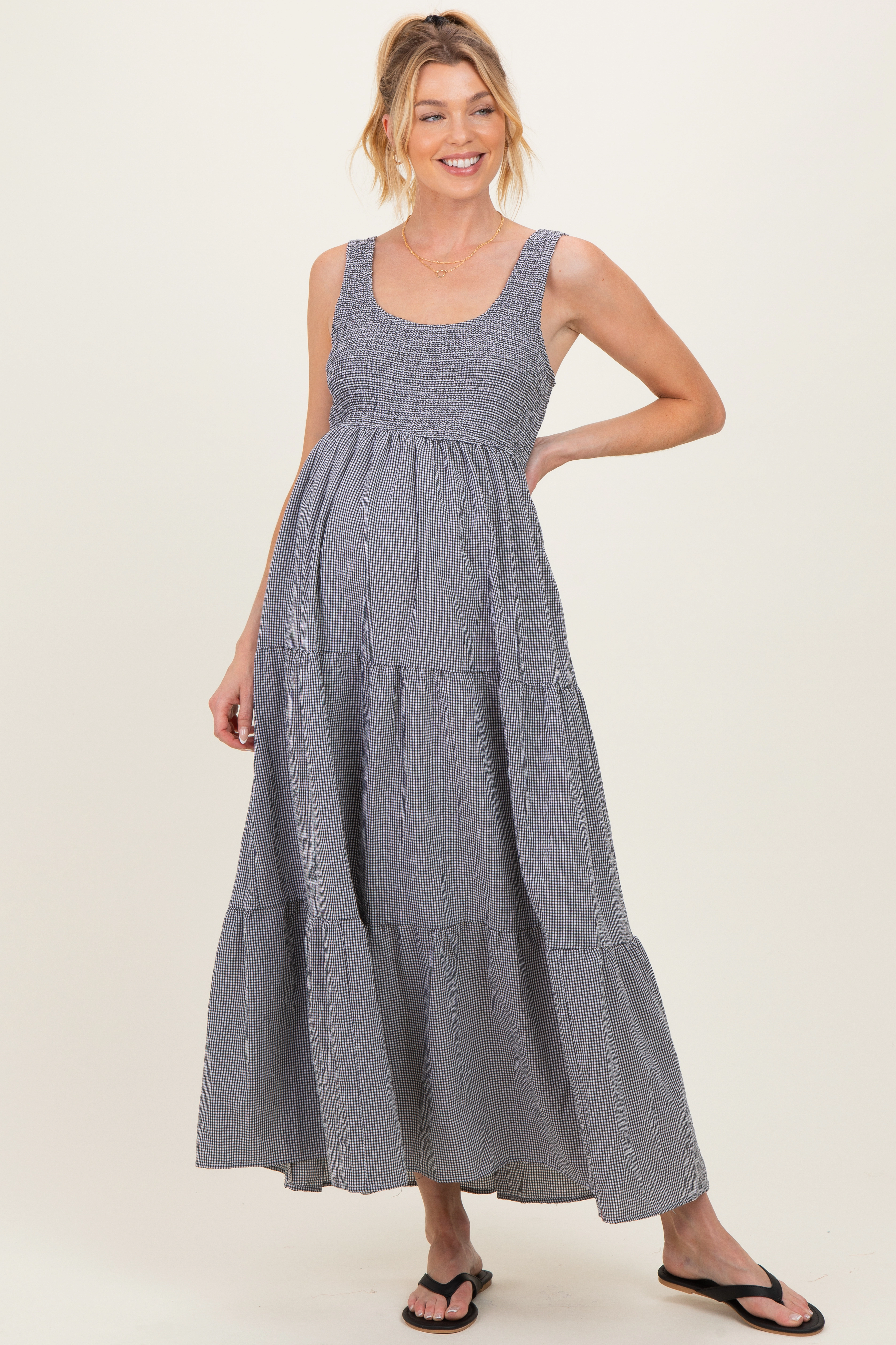 PinkBlush Womens Black Gingham Smocked Bodice Maternity Maxi Dress