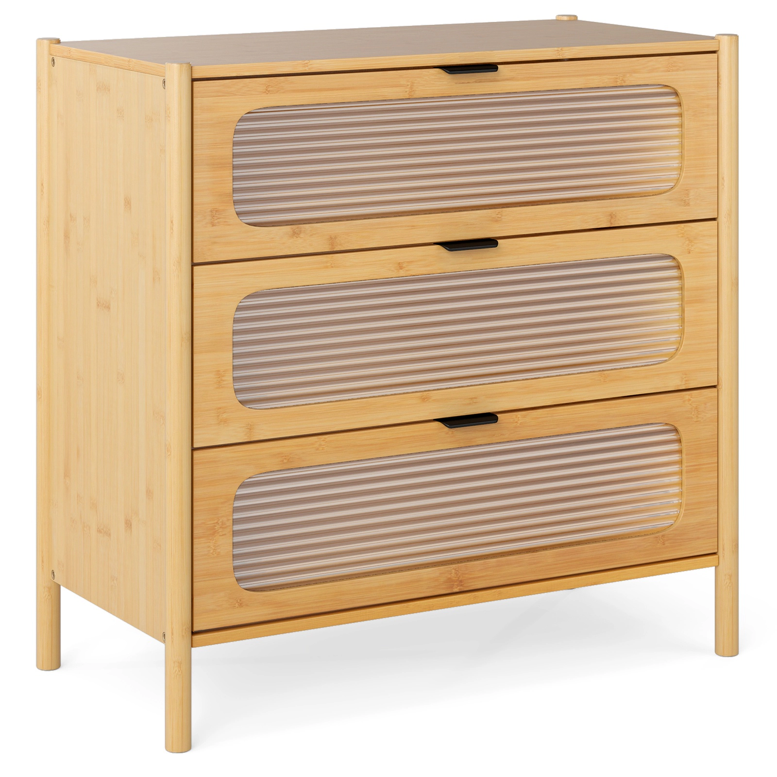Glintex 3-Drawer Bamboo Chest with Reeded Tempered Glass Fronts, Natural