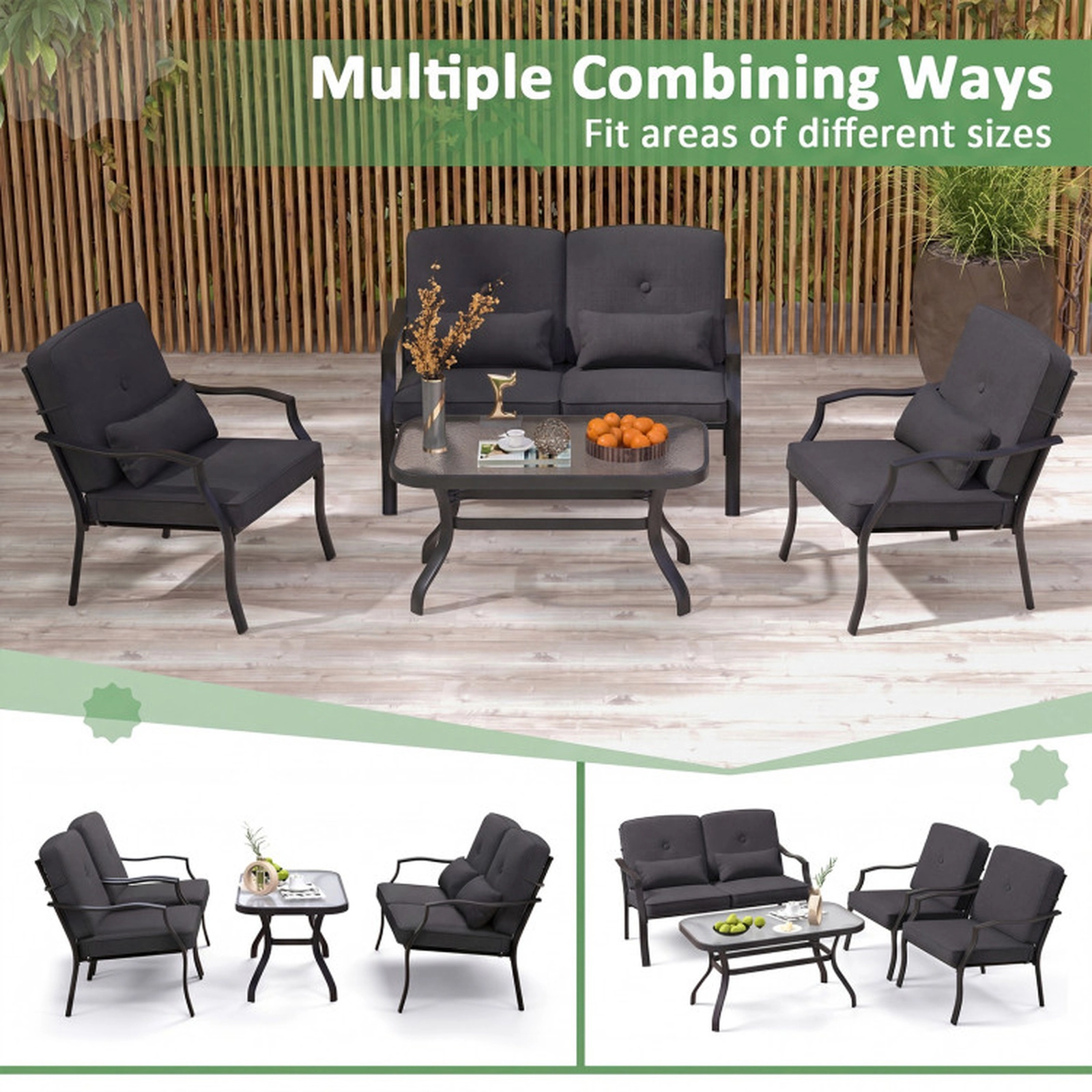 SUGIFT Set of 2 Black Metal Low Lounge Patio Chairs with Washable Cushions