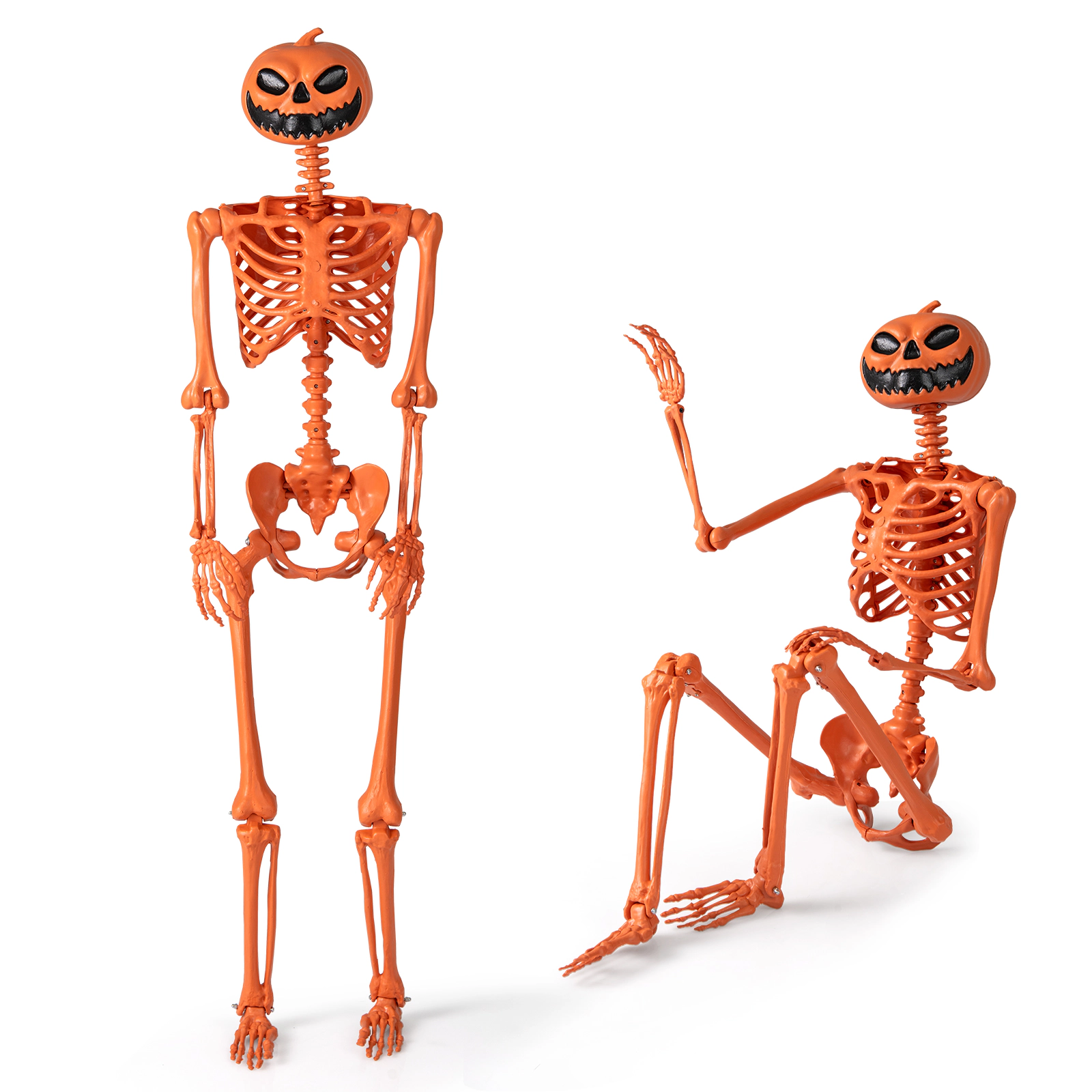 LJG 5.2 FT Orange Life-Size Poseable Halloween Skeleton with Pumpkin Head and Movable Joints