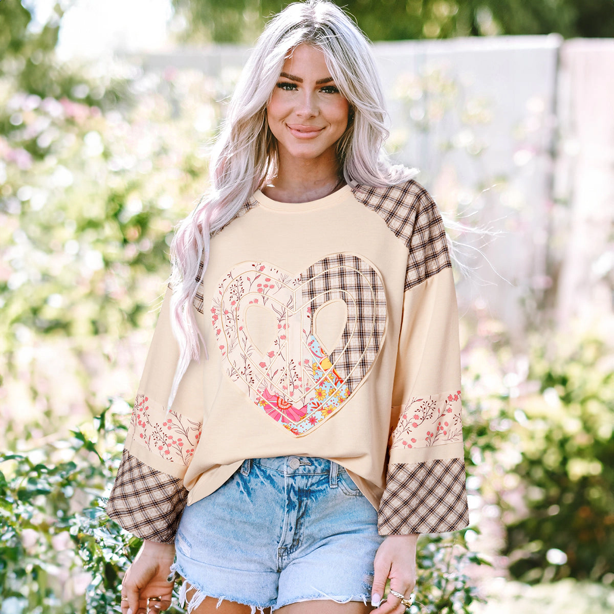Sol Living Womens Plaid Floral Peace Heart Graphic Wide Long Sleeve Top