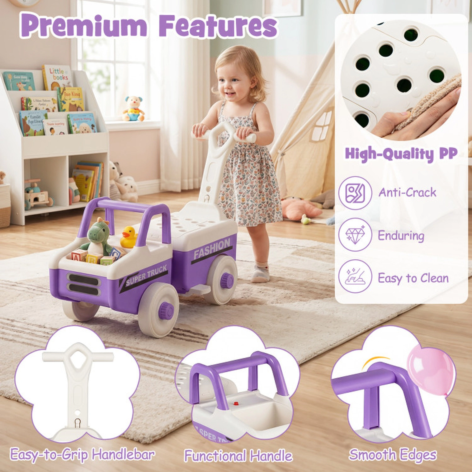 SUGIFT 4-in-1 Ride-On Push Car Foot-to-Floor Car Push Walker with Music Under-Seat Storage & Trailer 45-lb Capacity Ages