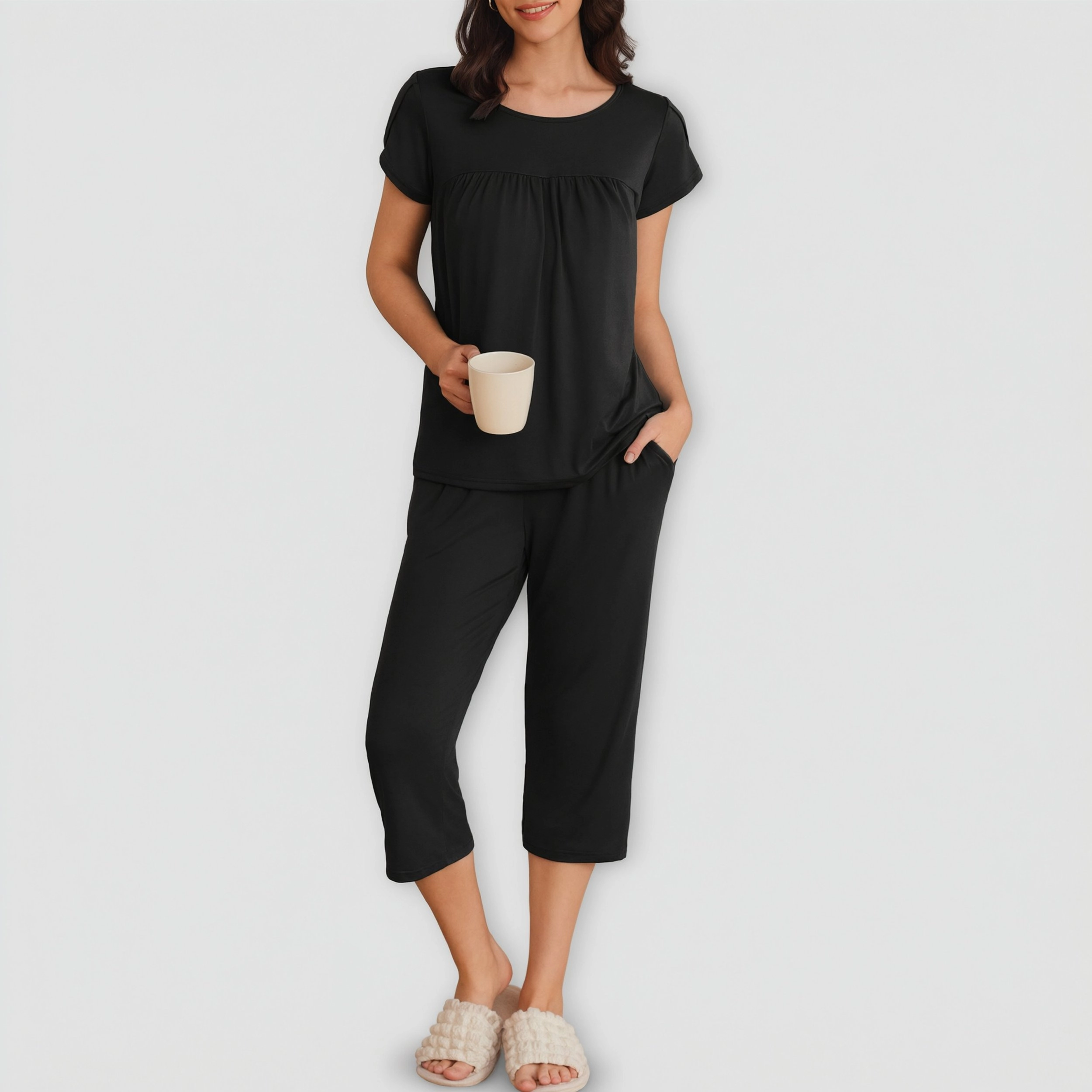 Ekouaer Women's Short Sleeve Pleated Top & Capri Pajama Pants Set