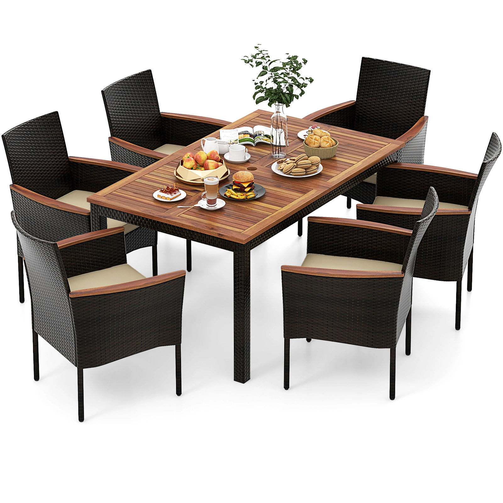 LJG 7 Pieces Rattan Patio Dining Set with Stackable Chairs and Umbrella Hole