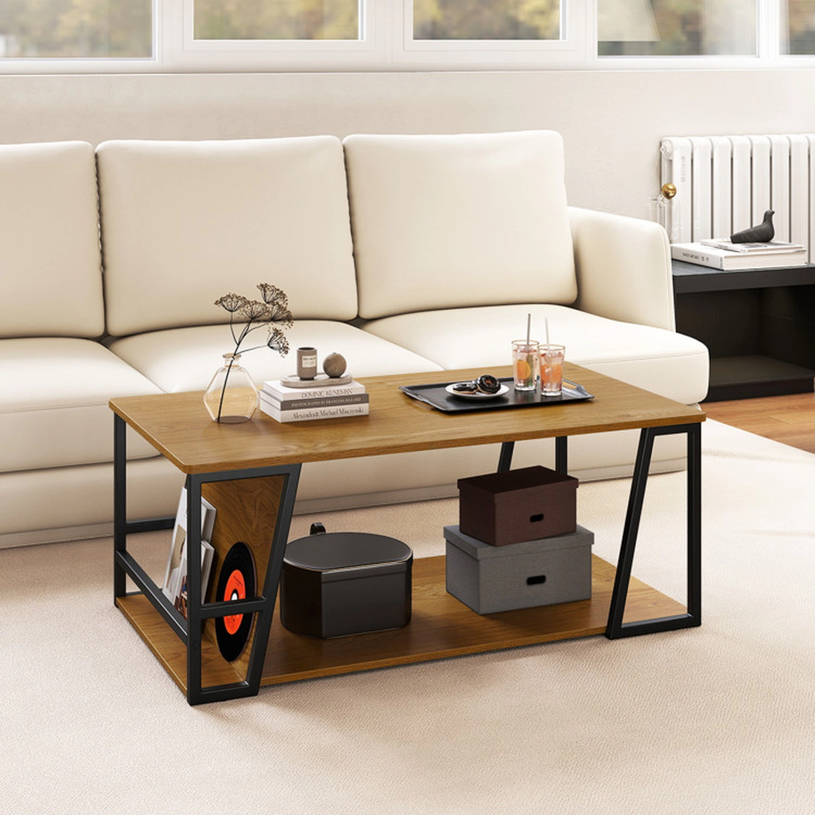 SUGIFT 2-Tier 176-lb Capacity Industrial Rectangle Coffee Table with Storage Shelf and Side Compartment
