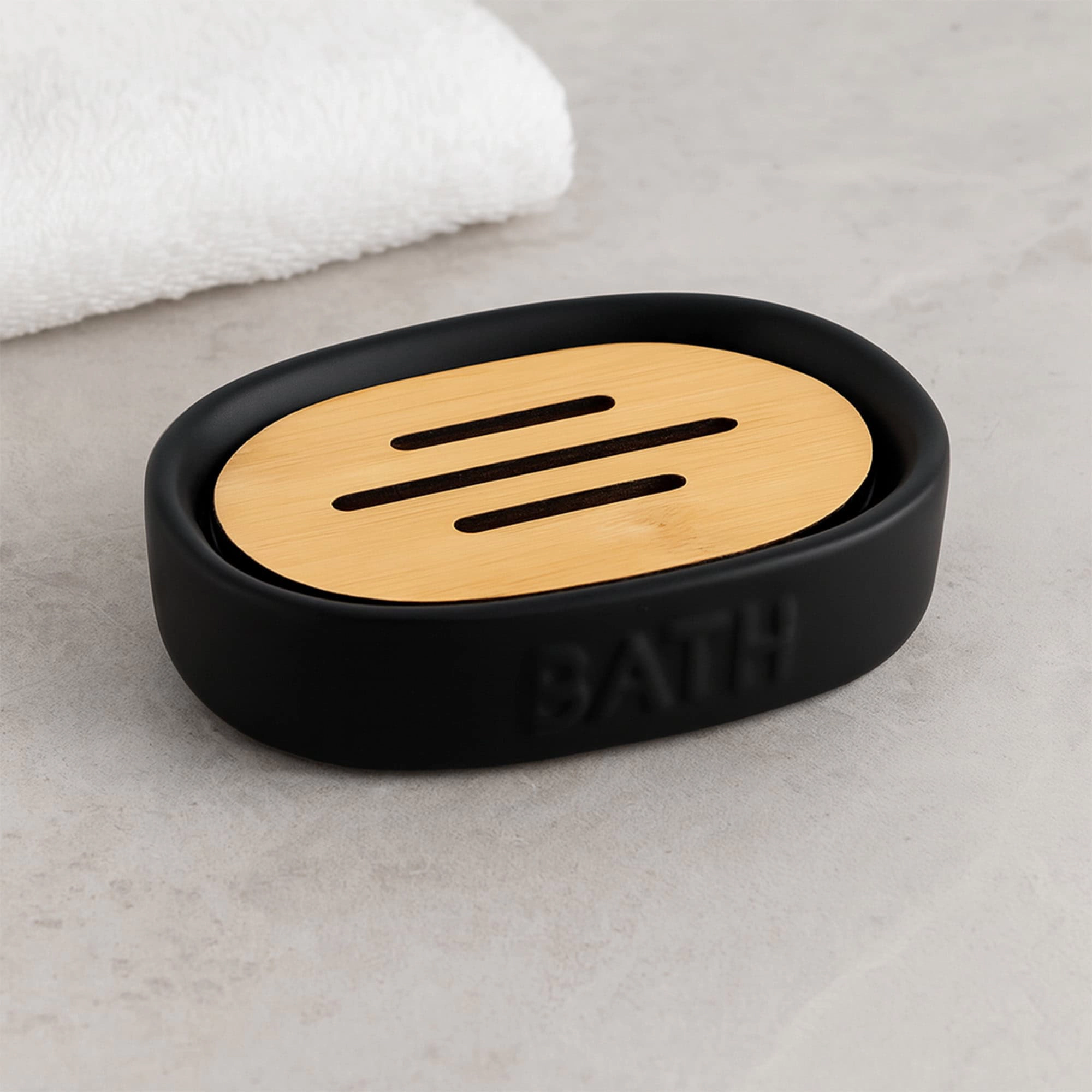 Evideco French Home Goods Dolomite Soap Dish with Removable Bamboo Slat Tray - Matte Black, 2-Piece