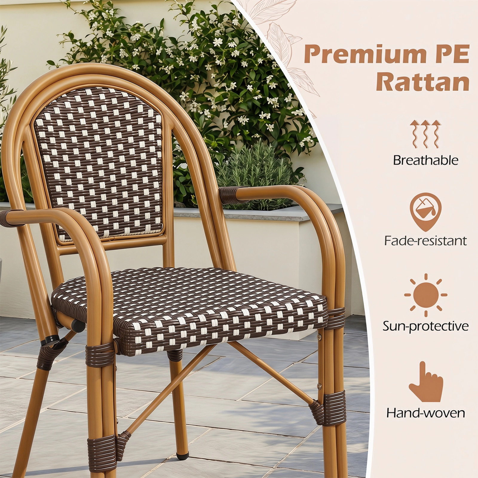 SUGIFT Set of 2 Brown Hand-Woven PE Rattan French Bistro Armchairs
