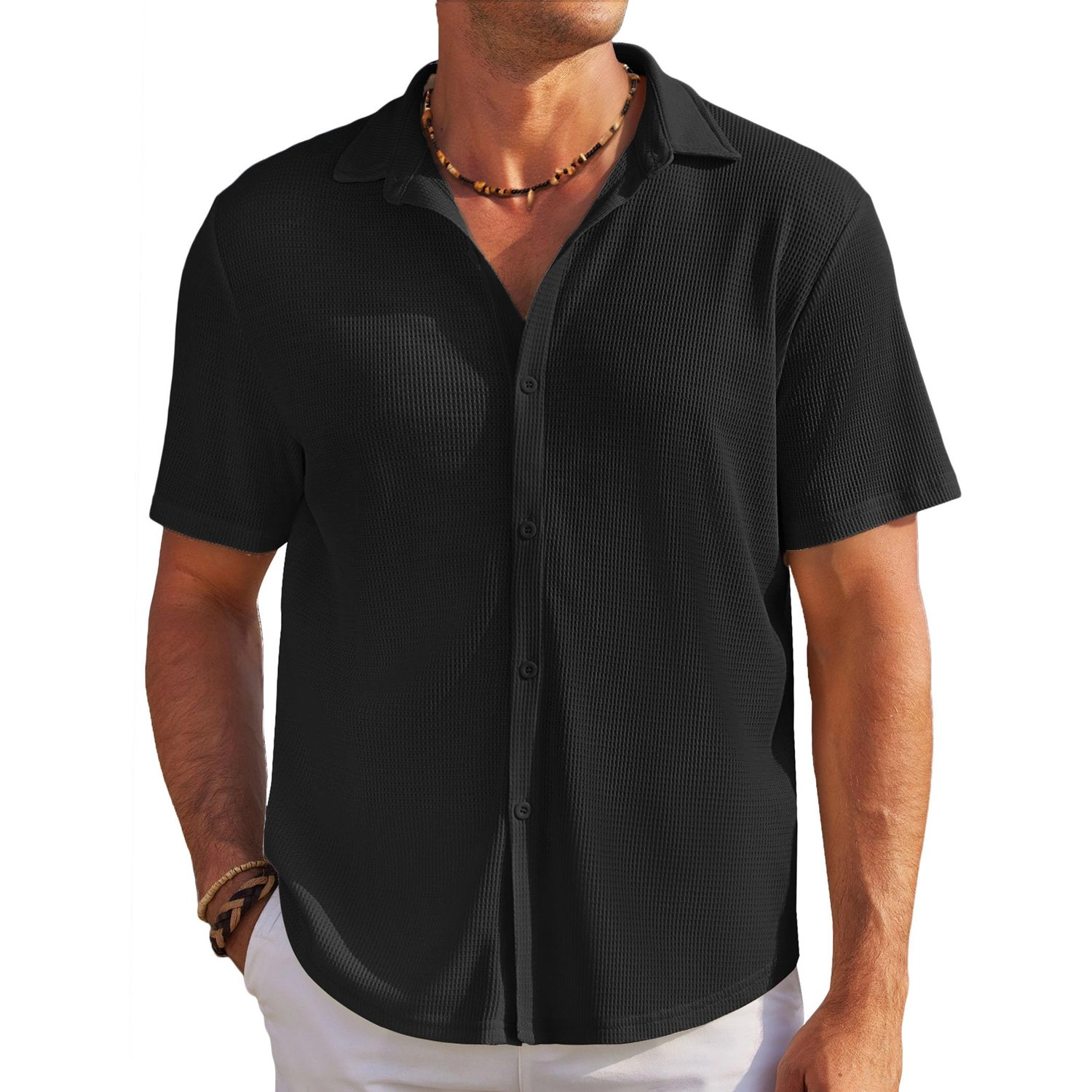 COOFANDY Mens Casual Short Sleeve Shirts  Lapel Collar Button Down Loose Tops