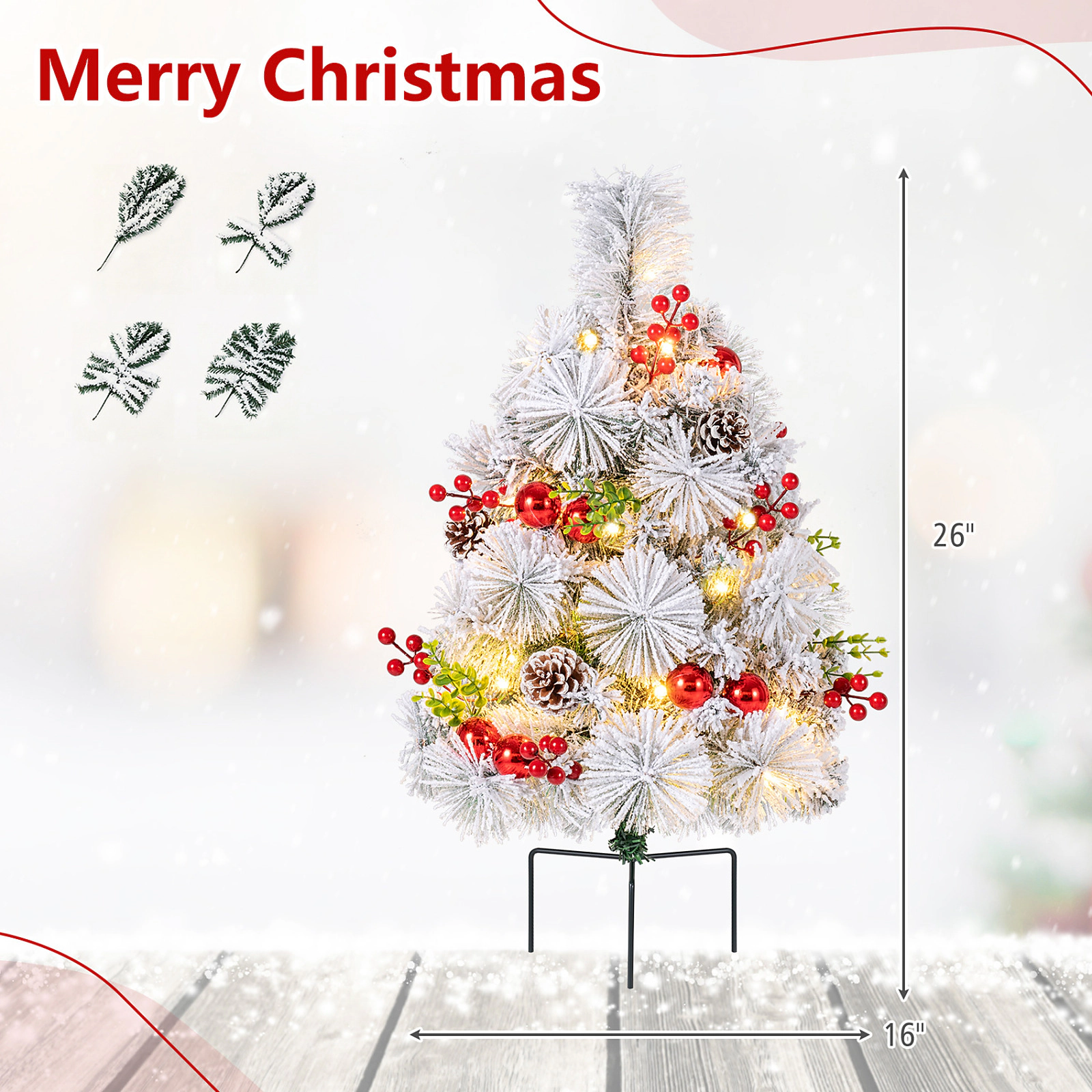SUGIFT Set of 2 2-ft Pre-Lit Flocked Pathway Christmas Trees Battery Powered with 30 LED Lights and 8 Modes Green