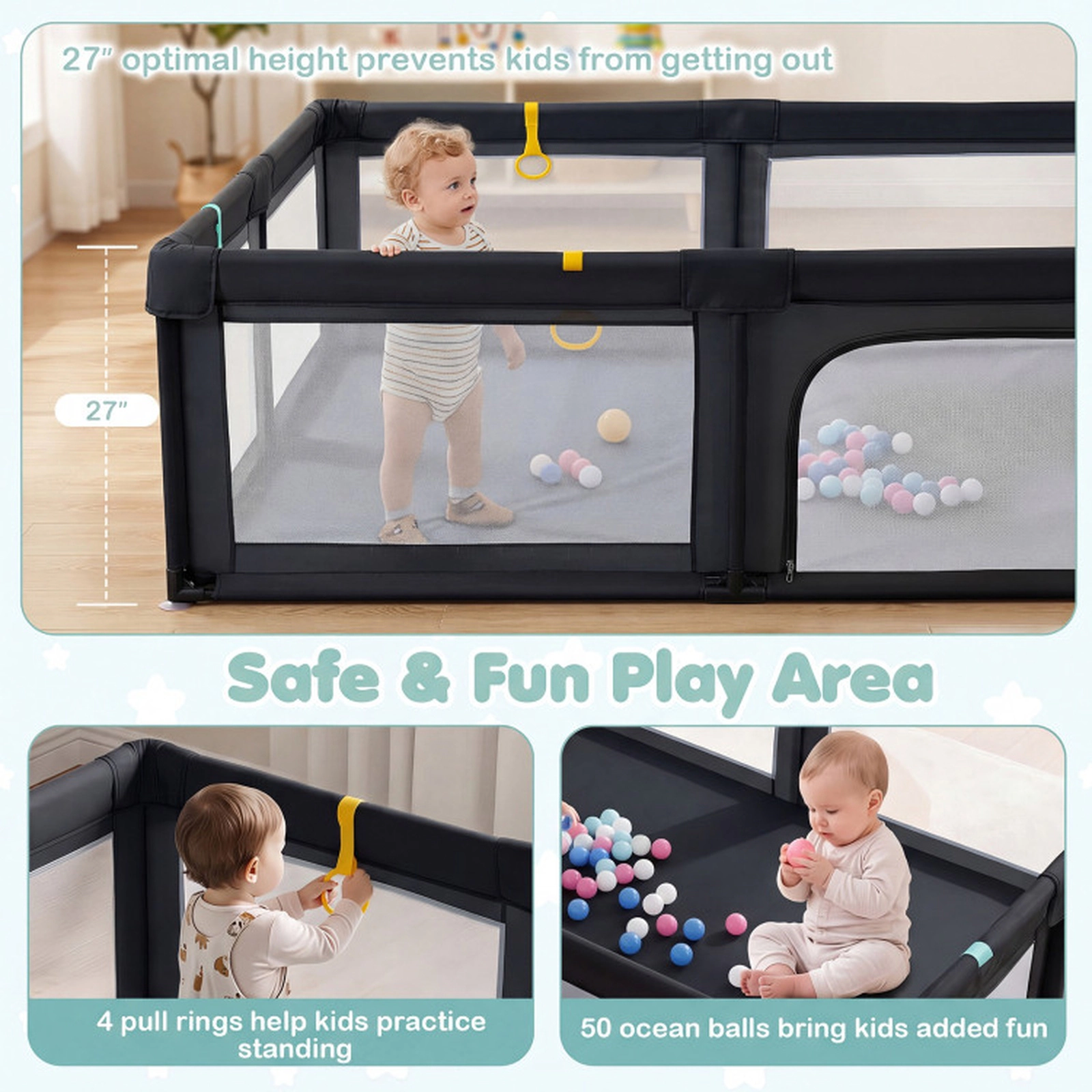 SUGIFT Baby Mesh Zippered Doors 4 Pull Rings 50 Ocean Balls Large Playard 79-in x 55-in x 27-in 14-lb Net Weight Black