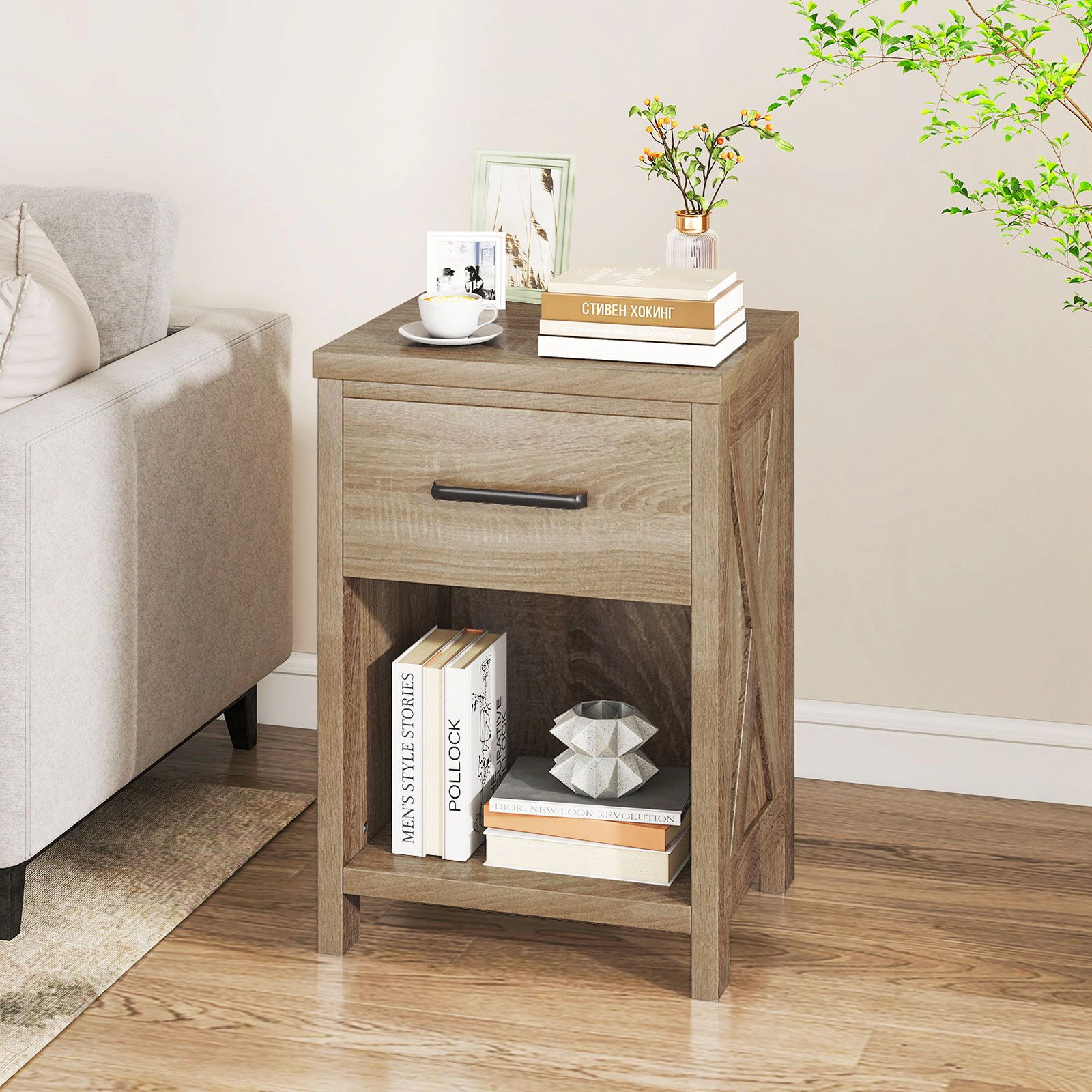 SlickBlue Farmhouse Nightstand with Drawer and Shelf