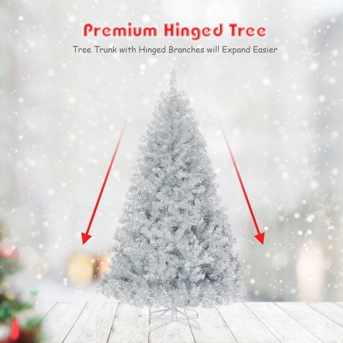 SUGIFT 6 ft Silver Tinsel Christmas Tree Unlit Hinged Artificial Xmas Tree with Metal Stand