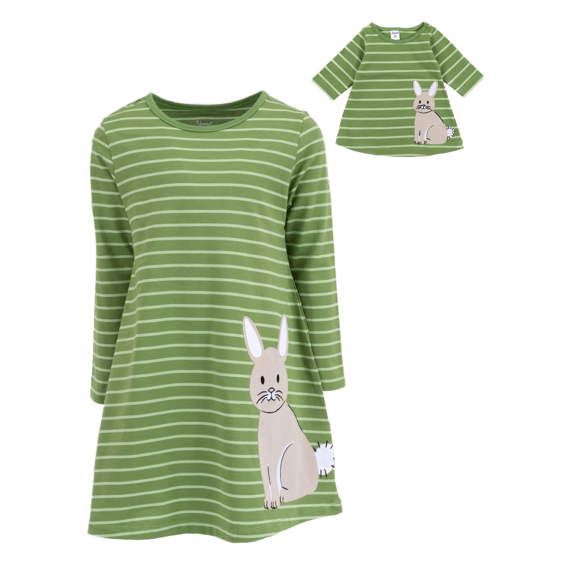 Girl & Matching Doll Set - Cotton Green White Striped Easter Bunny Dress