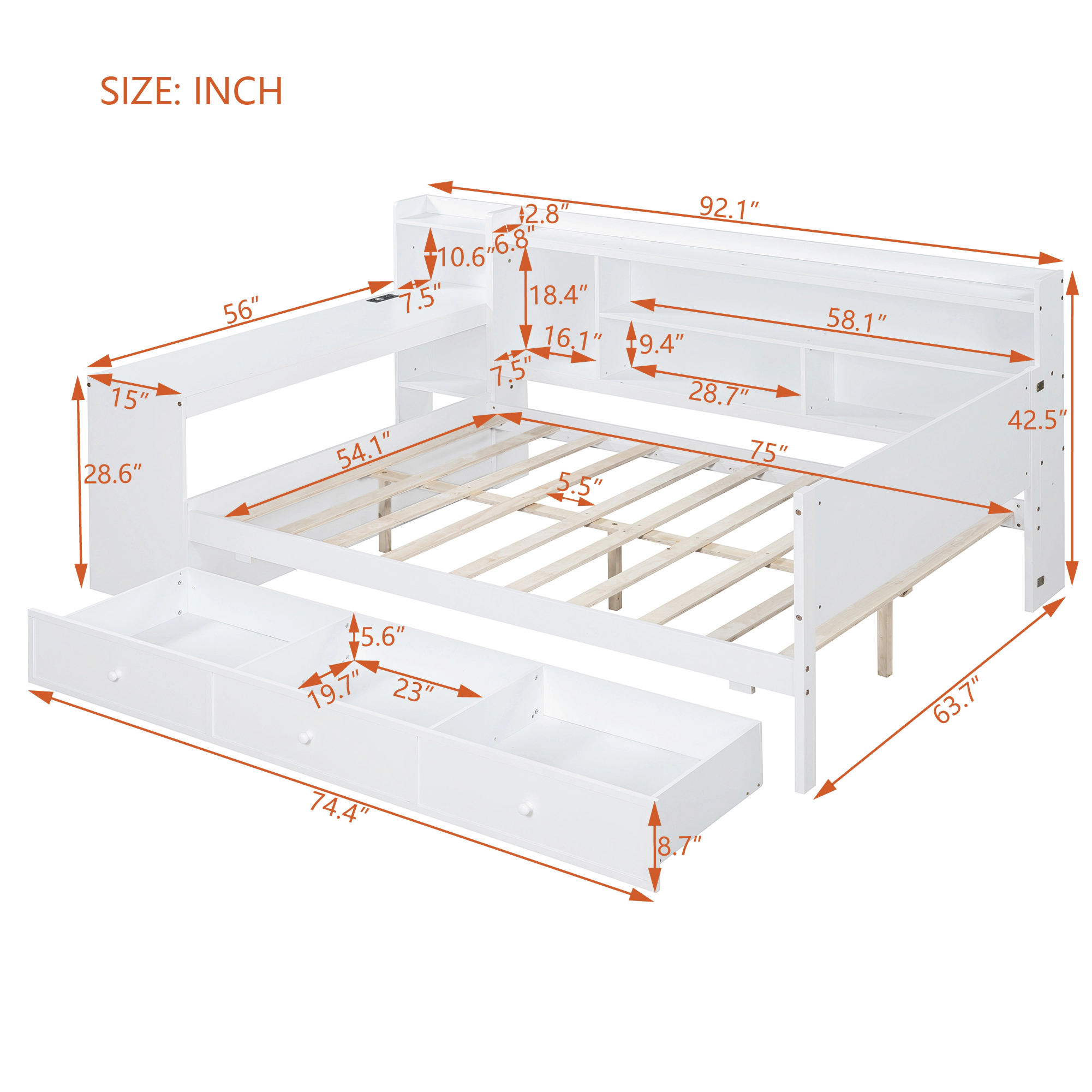 Flynama Full Wooden Daybed with 3 Drawers, USB Ports & Desk, White