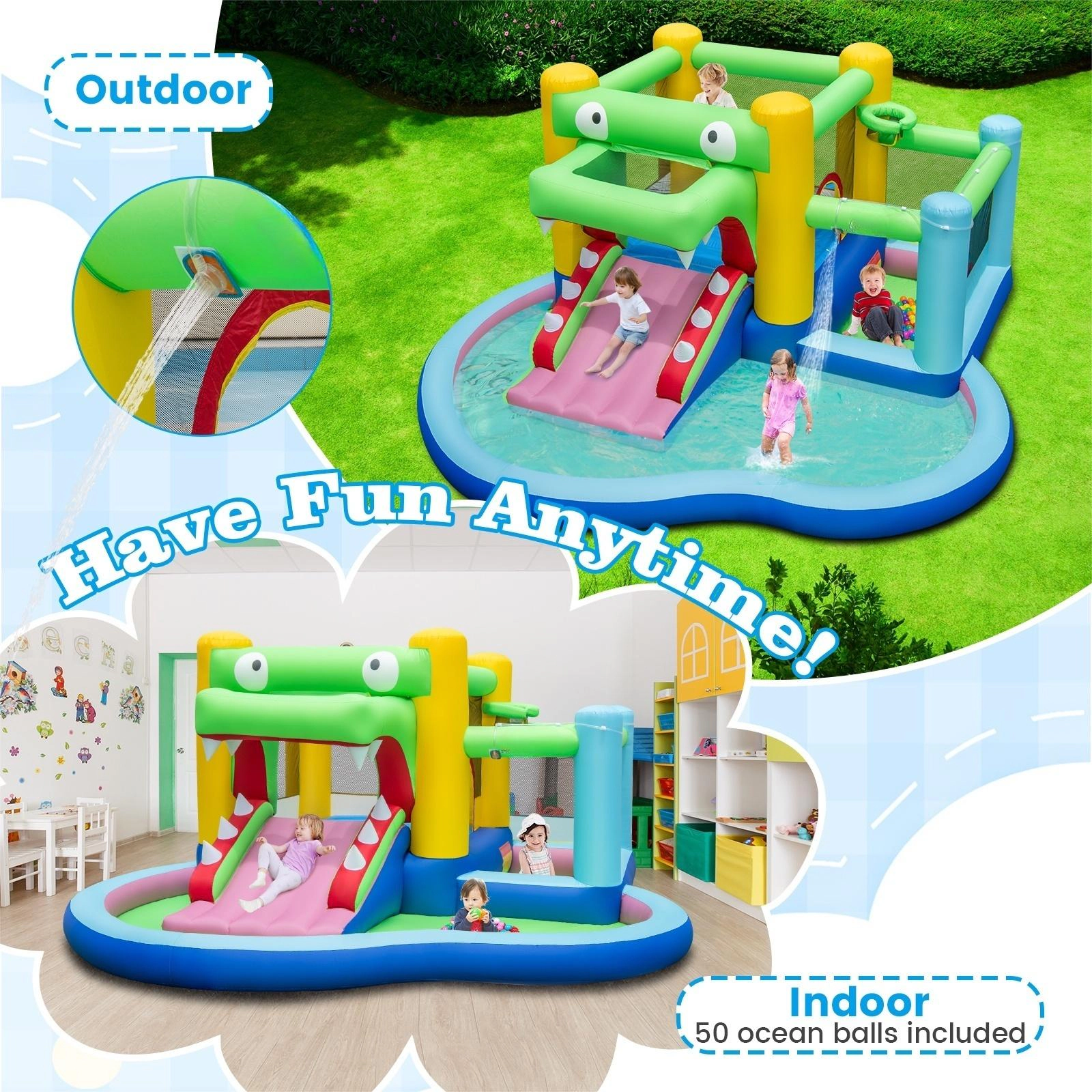 SUGIFT Crocodile 5-in-1 Inflatable Bounce House with Water Slide Ball Pit Sprinkler Pool and 680W Blower
