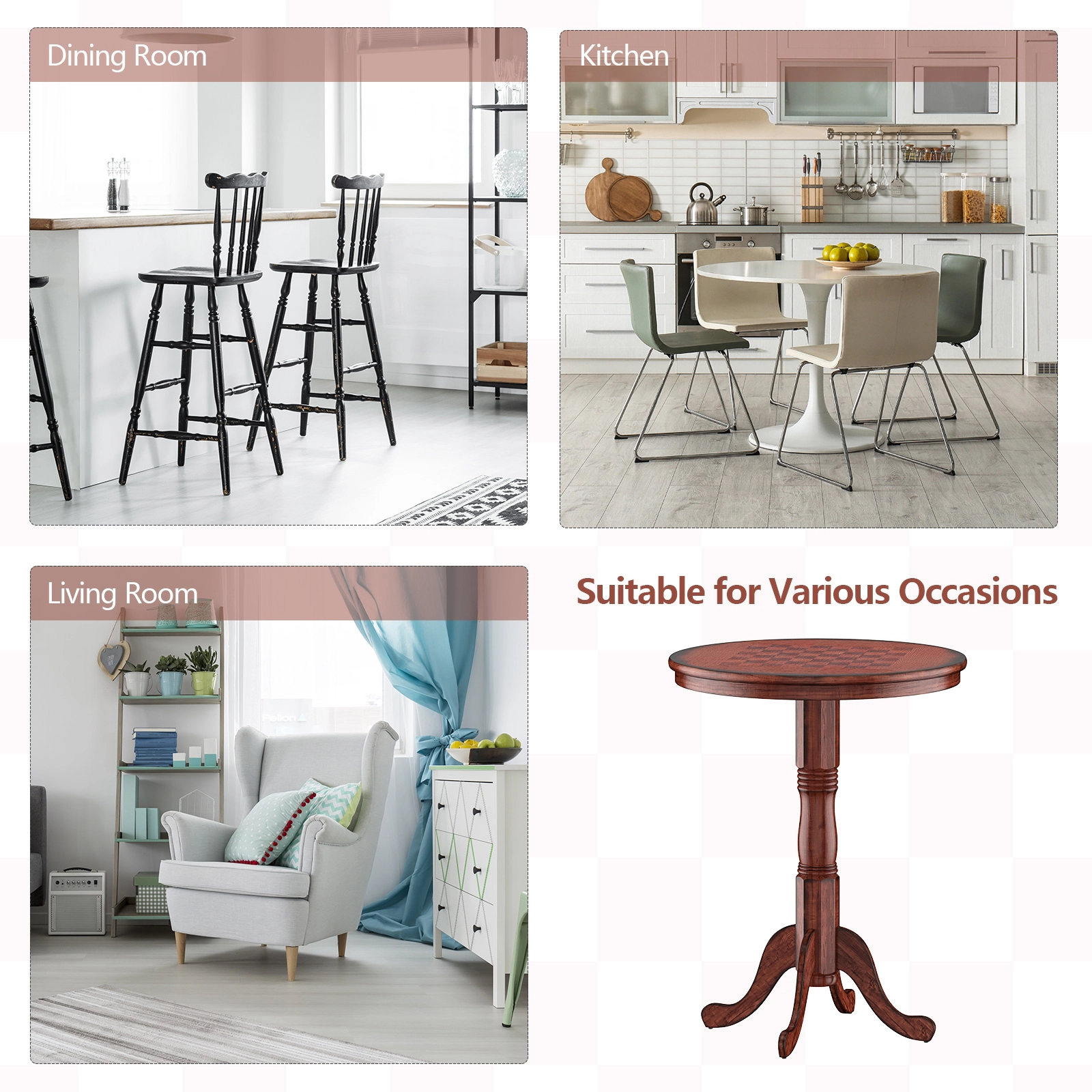 SUGIFT 42-in Round Wooden Pub Pedestal Side Table with Chessboard Top 220-lb Capacity As the Picture Shows Color
