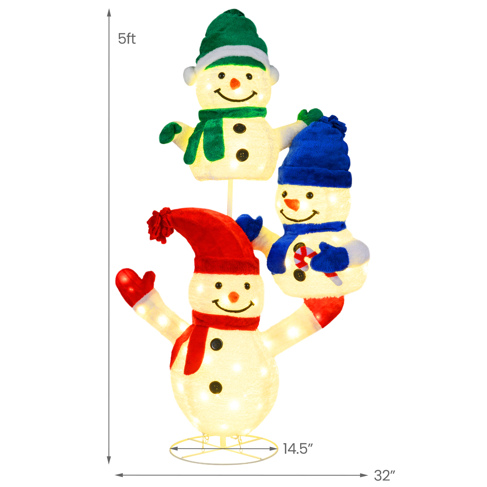 SUGIFT White 5-ft Stacked Snowman Lighted Christmas Decoration with 110 LED Lights Hats and Scarves