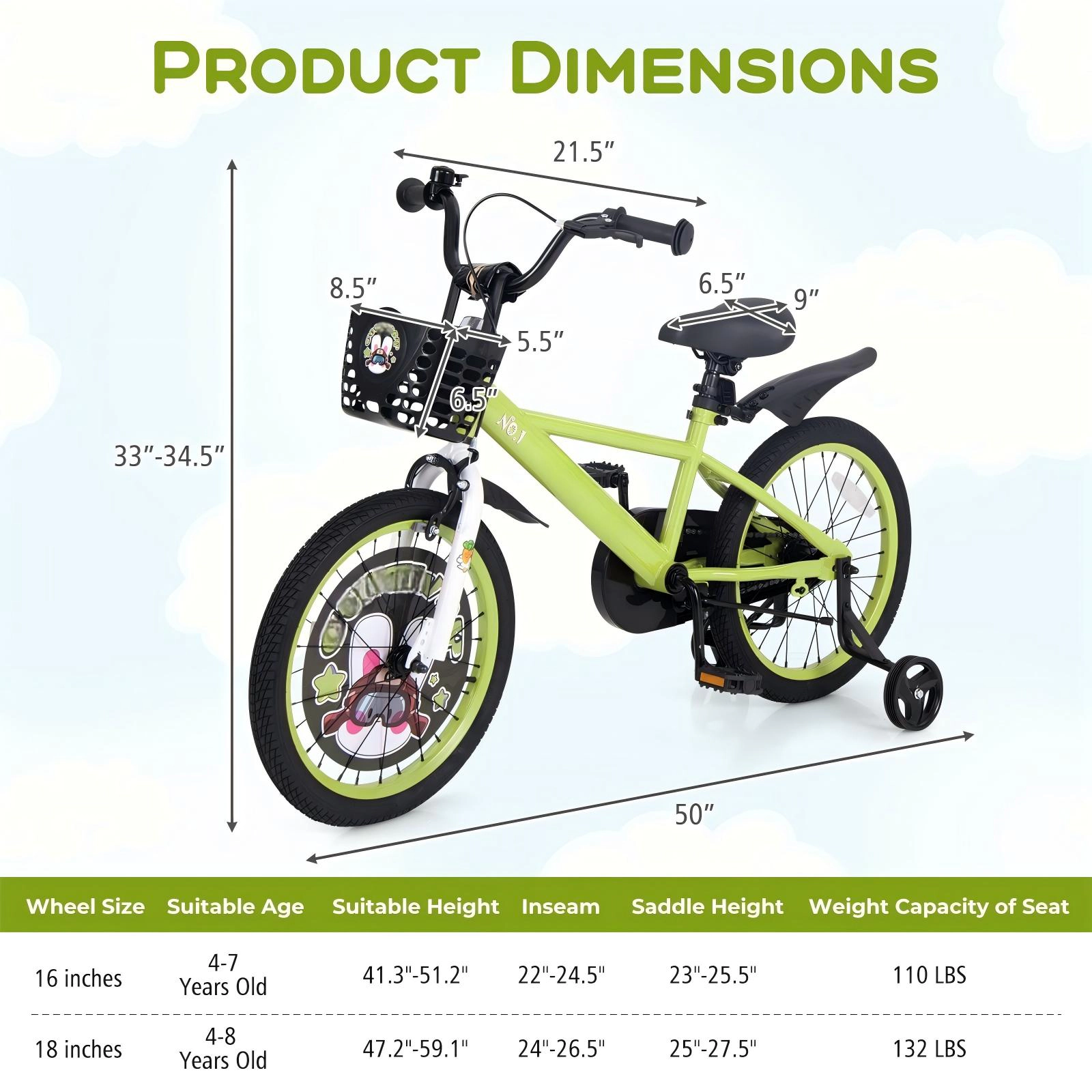 SUGIFT 18-Inch Green Kids Bike, Carbon Steel, Basket, Kickstand, Removable Training Wheels