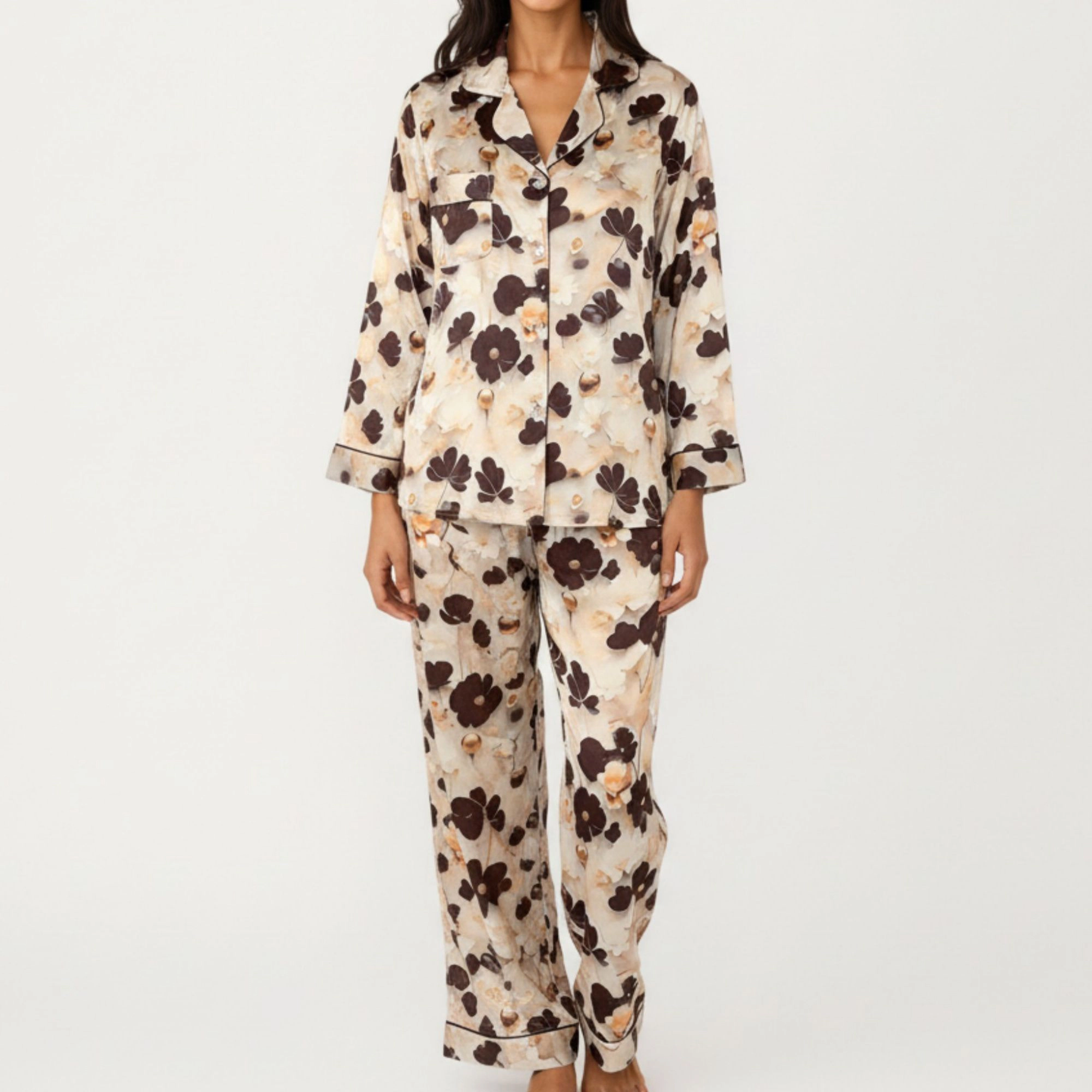 Anna-Kaci Women's 2-Piece Floral Satin Button Front Pajama Top with Contrast Piping and Elastic Waist Pants