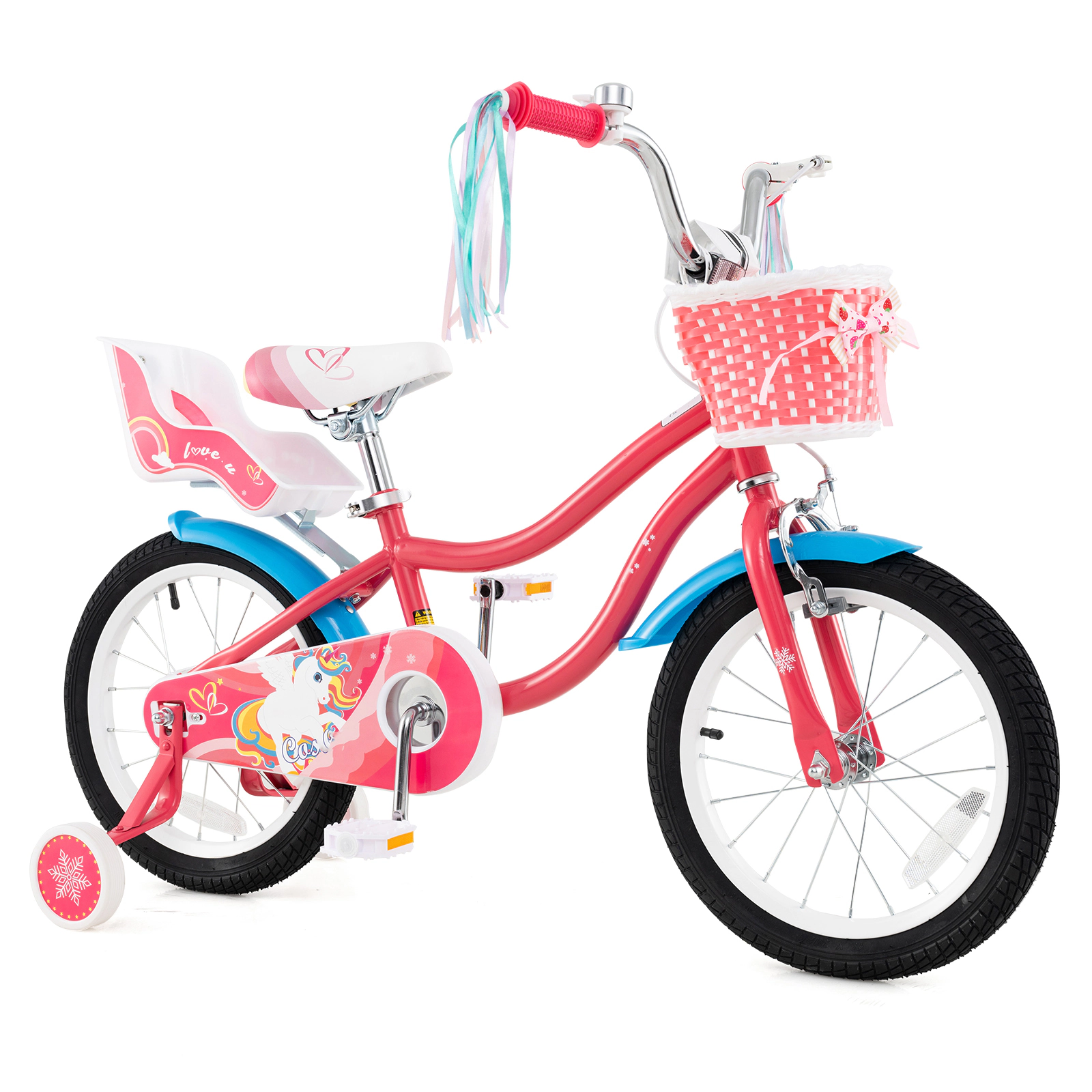 SUGIFT 12-in Pink Girls Bike with Rear Doll Seat Front Basket Training Wheels and Chain Guard