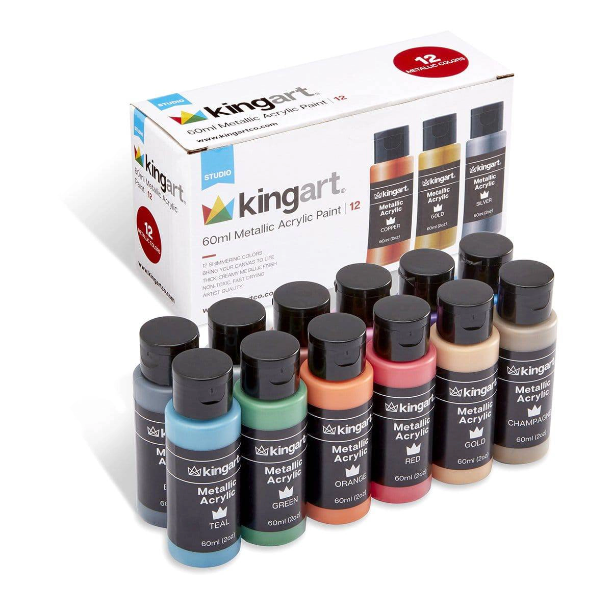 KINGART Studio Acrylic Paint Set - 12 Metallic Colors - 60 ml Bottles