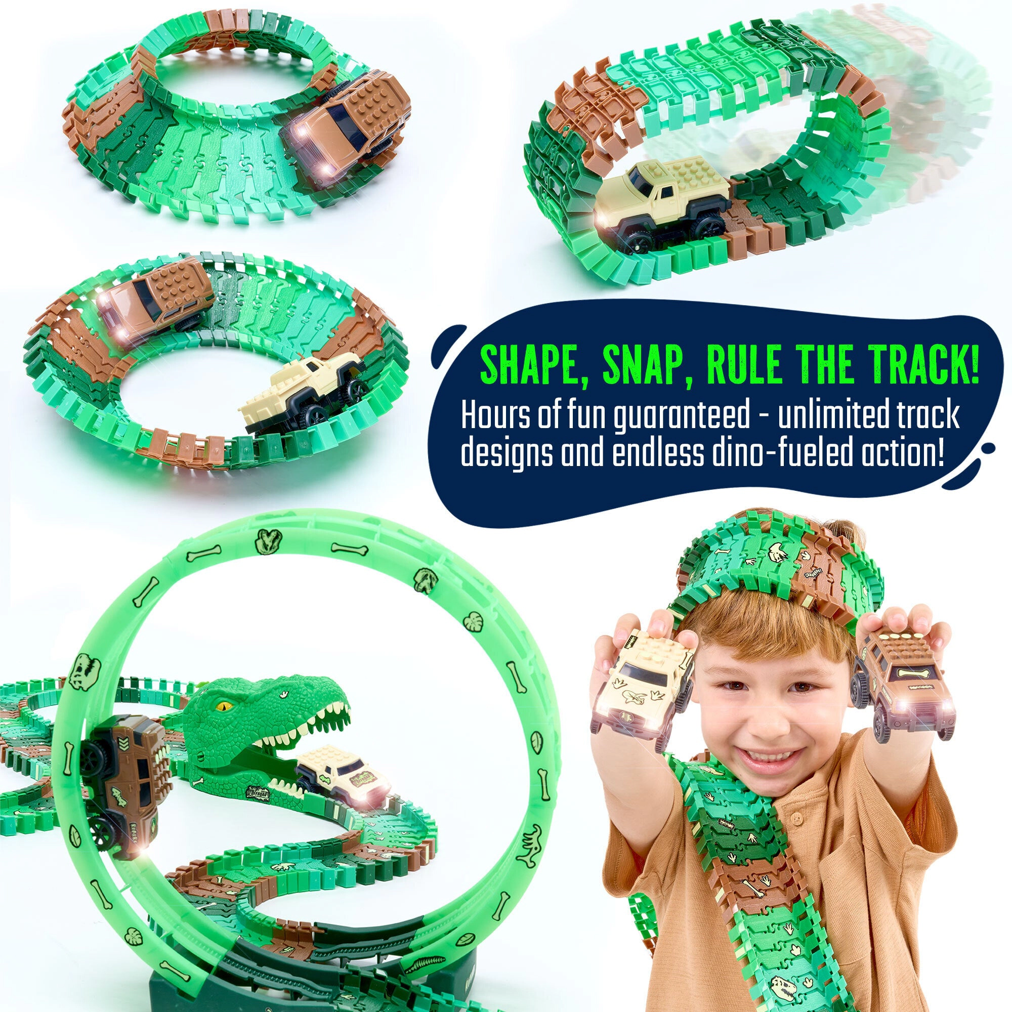 JitteryGit Kids Dino Track Wild Glow-in-the-Dark Race Set - 144-Piece Track with Loop & Dino Tunnel