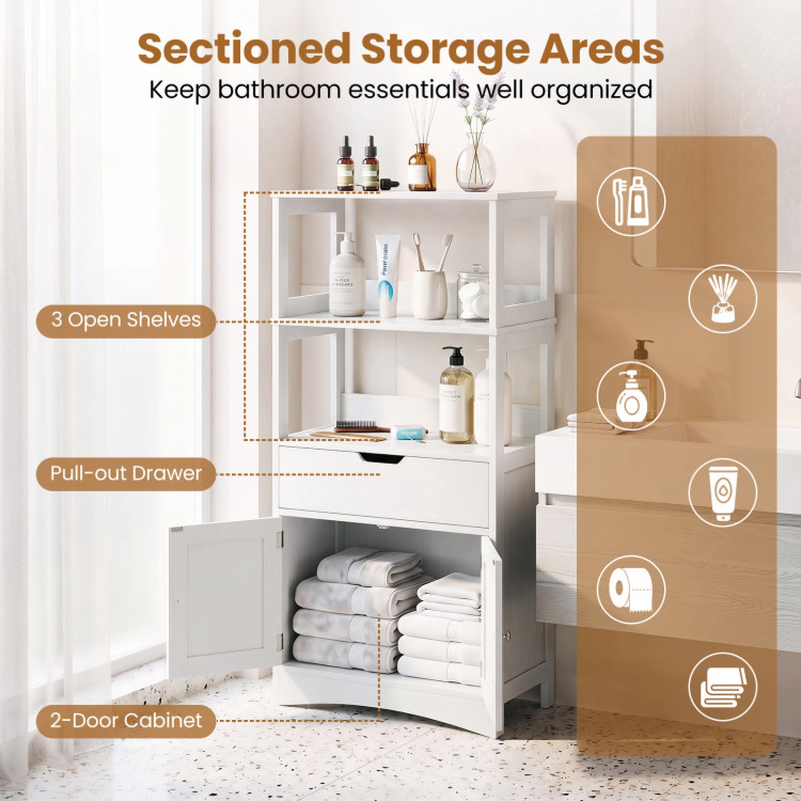 SUGIFT Bathroom Storage Cabinet with Open Shelves and Drawer 110-lb Capacity 24-in Wide Engineered Wood White