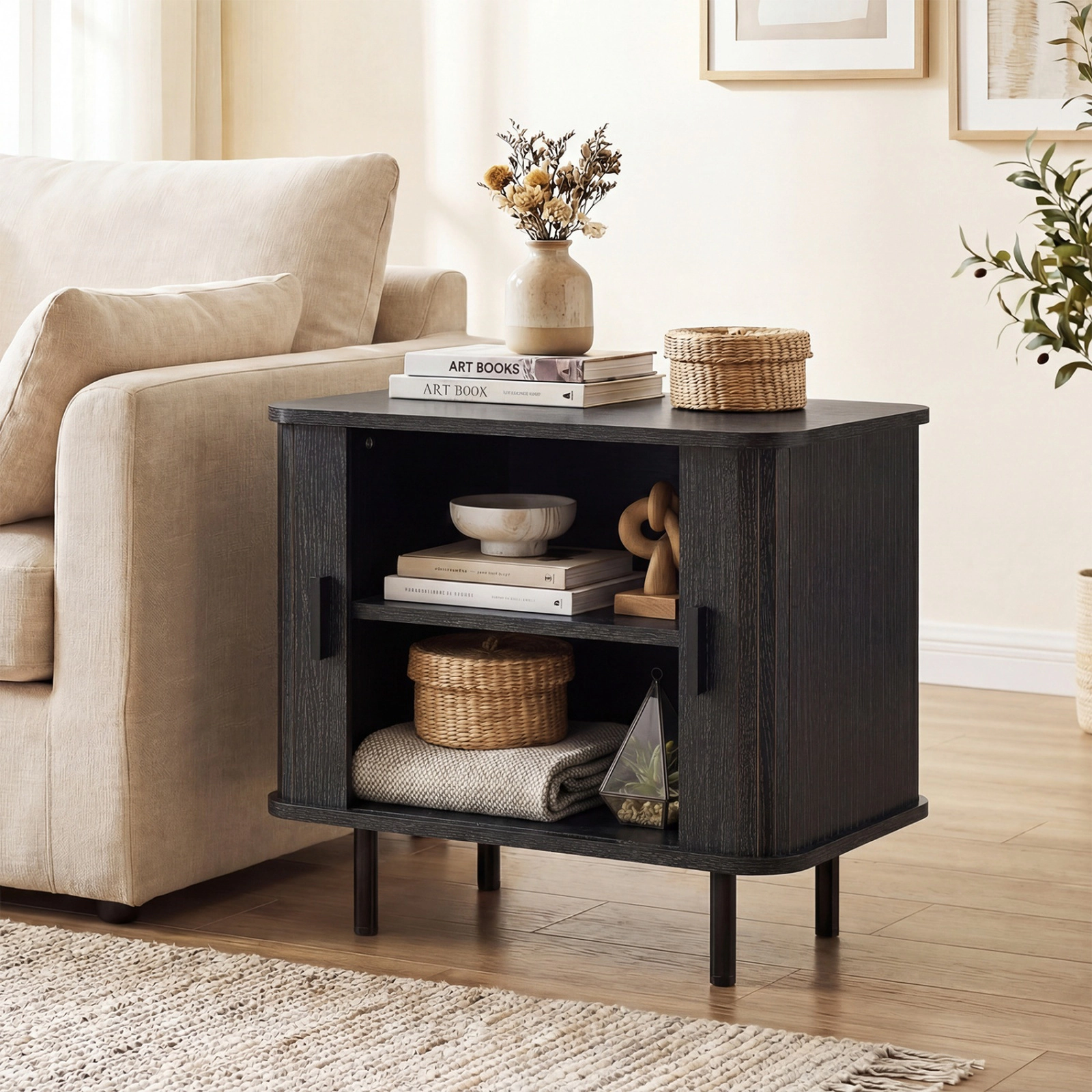 SUGIFT Modern Mid Century Nightstand End Table with Sliding Tambour Doors and Storage Shelf 88-lb Tabletop Capacity