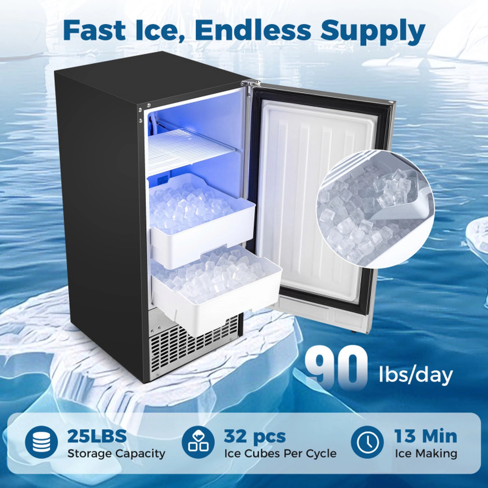SUGIFT Black Undercounter Ice Maker with 90-lb Daily Output and 25-lb Storage Bin 15-in W 20.3-in D 33.5-in H