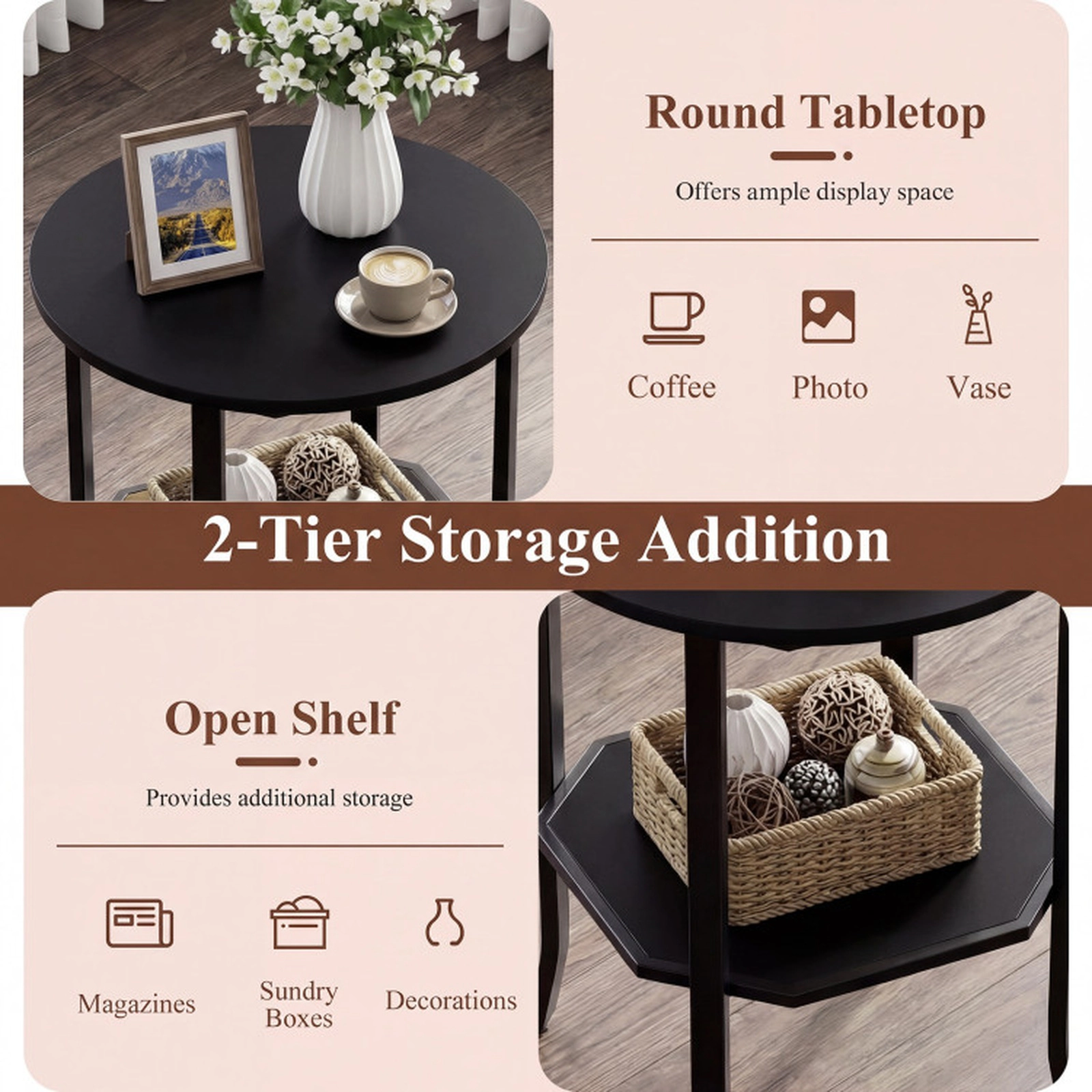 SUGIFT Storage Shelf and Carbon Steel Frame 2-Tier Black Round Side Table