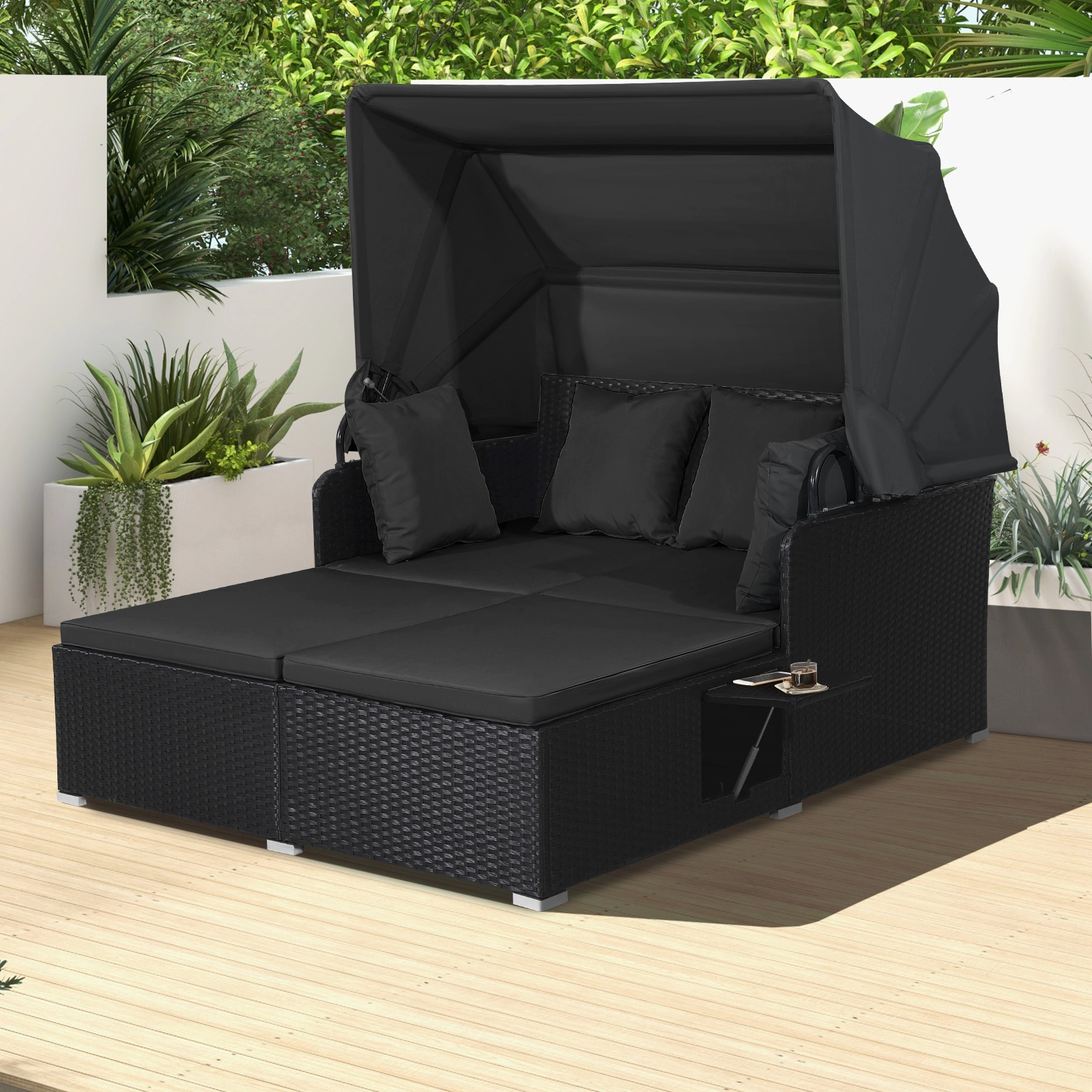 SUGIFT Black Rattan Outdoor Canopy Daybed with Retractable Shade and Folding Trays