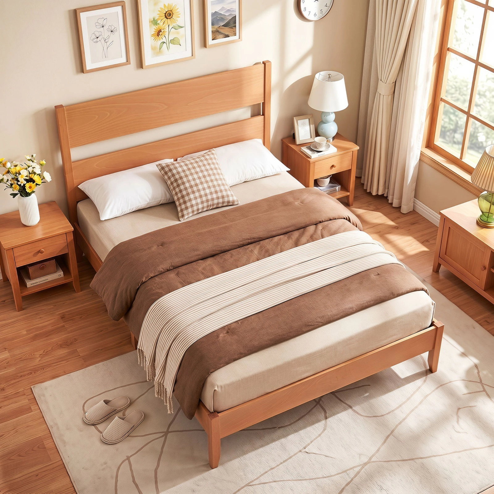 SUGIFT Full Wood Platform Bed, Panel Headboard and Footboard, 800-lb Capacity, Warm Brown