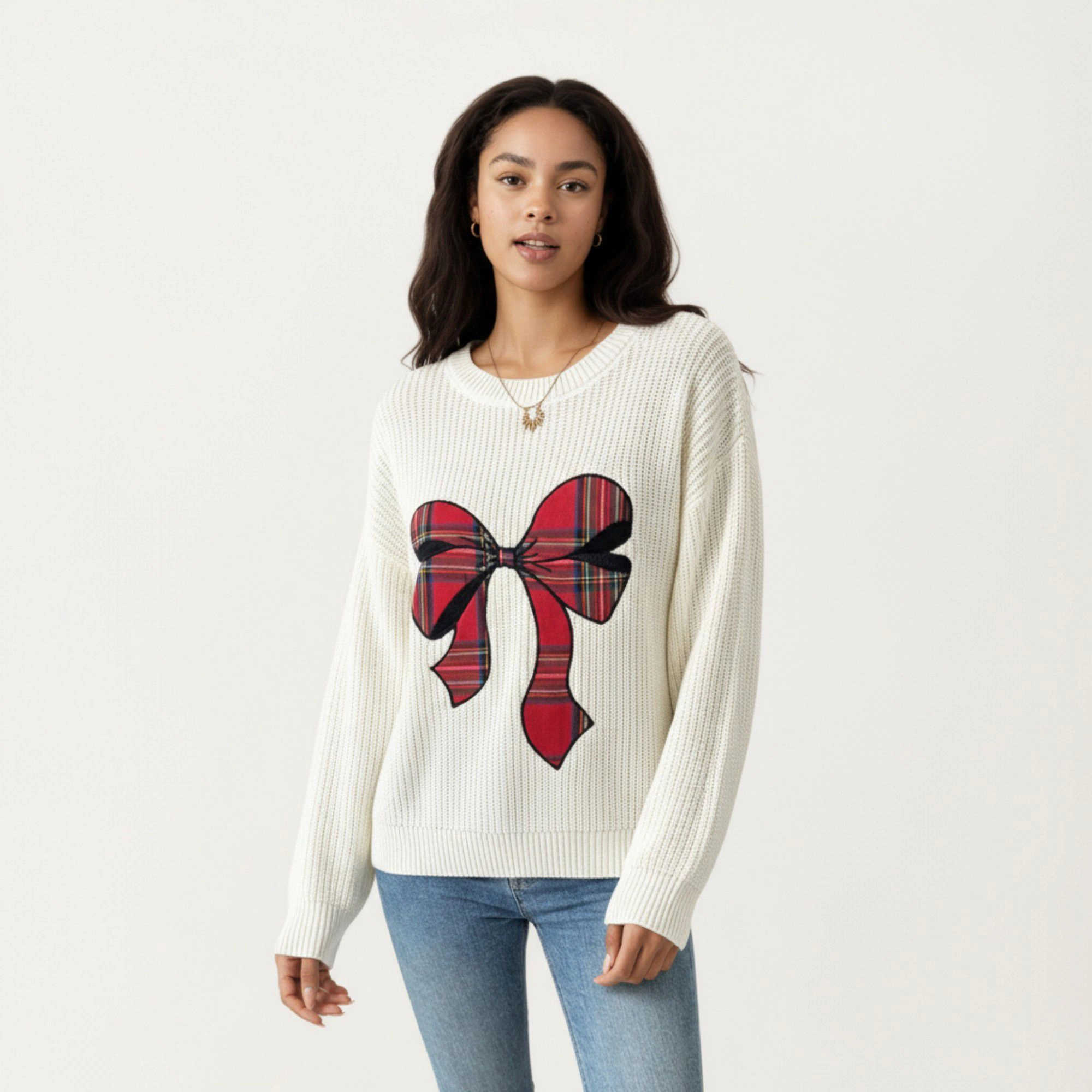 Anna-Kaci Women's Crew Neck Knit Sweater with Plaid Bow Graphic