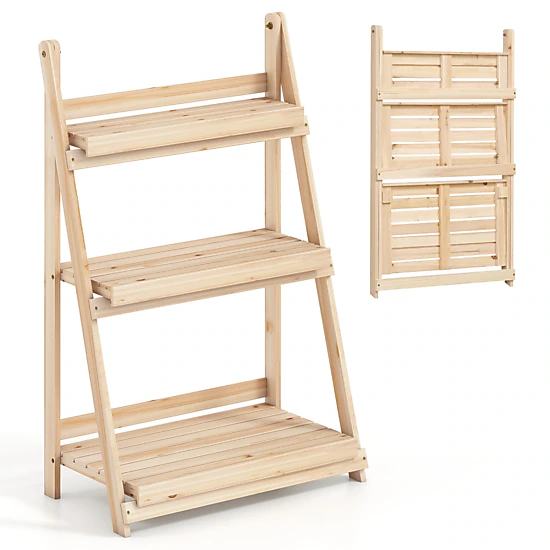 LJG 3-Tier Foldable Plant Stand with Slatted Shelves and Fir Wood Frame