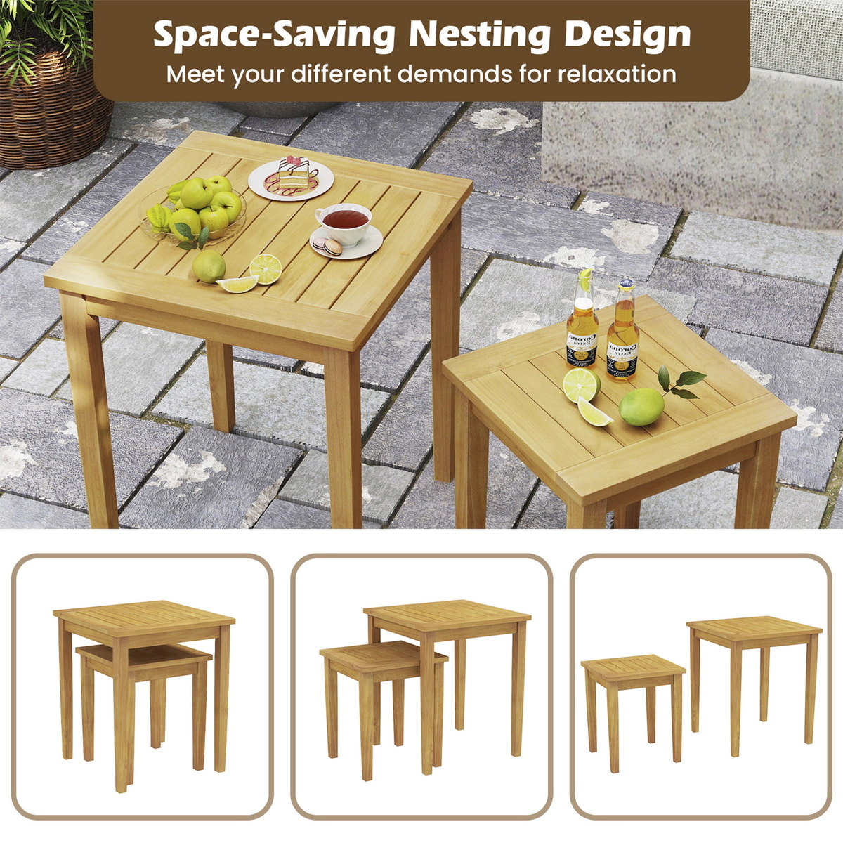 SUGIFT Set of 2 Slatted Top Teak Wood Outdoor Patio Nesting Tables 20-in x 20-in x 23-in 110-lb Capacity Natural